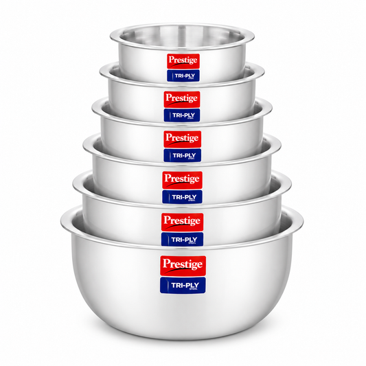 Prestige Tri-Ply Tope Set of 6 (12, 14, 16, 18, 20 & 22 cm) — 304 Food-Grade Stainless Steel, Even Heat Distribution, Rust-Proof | Gas & Induction Compatible | Patila / Bhagona Set
