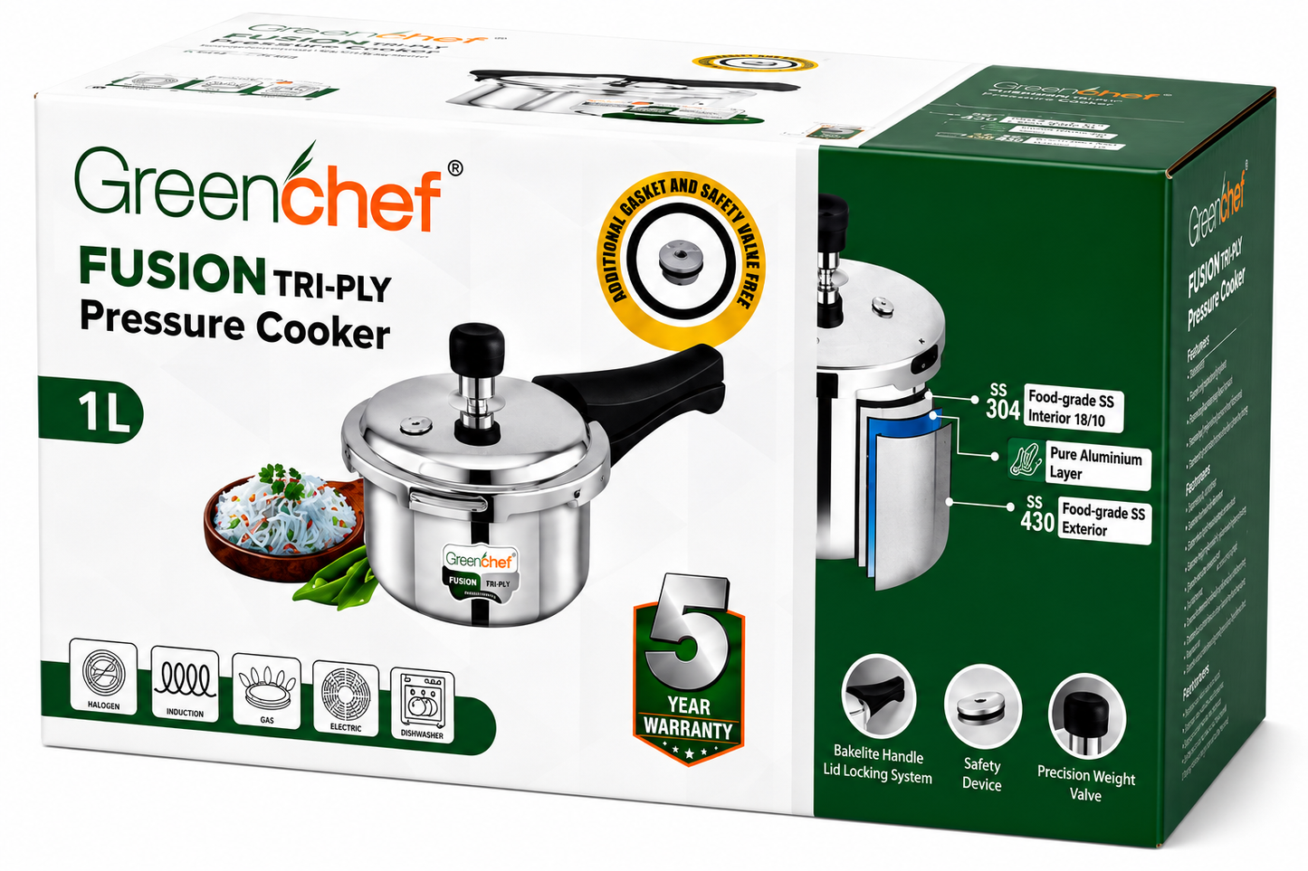 Greenchef Fusion Tri-Ply 1 Litre Stainless Steel Pressure Cooker — Induction & Gas Compatible | Outer Lid, Even Heating, Healthy Cooking for Small Families