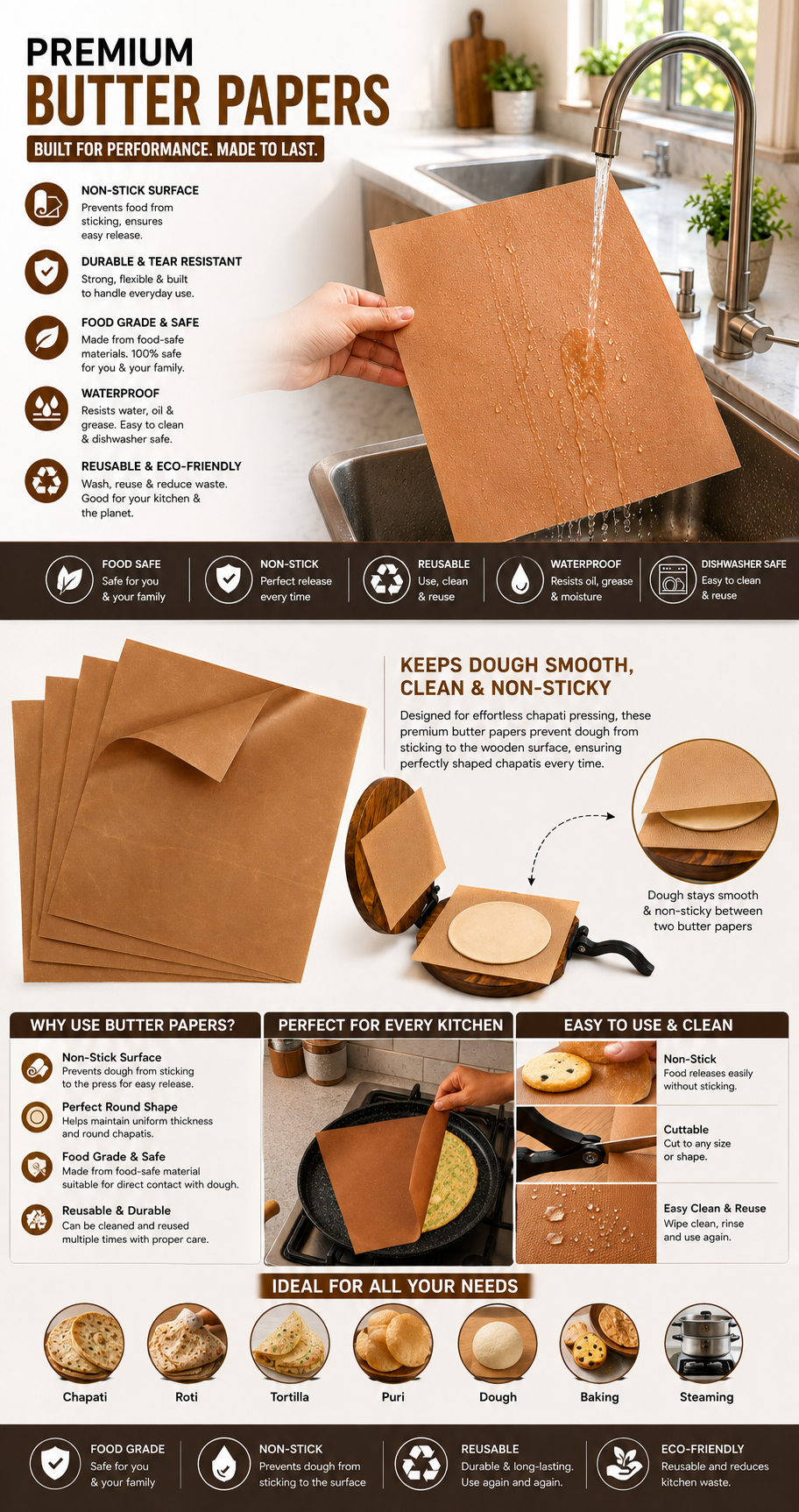 Butter Paper Sheets ([2] Sheets, [30 * 30] cm) – Non-Stick Parchment Paper for Roti Maker |Obbattu | Puran Poli | Food Grade | Grease-Proof | for Baking | Cooking
