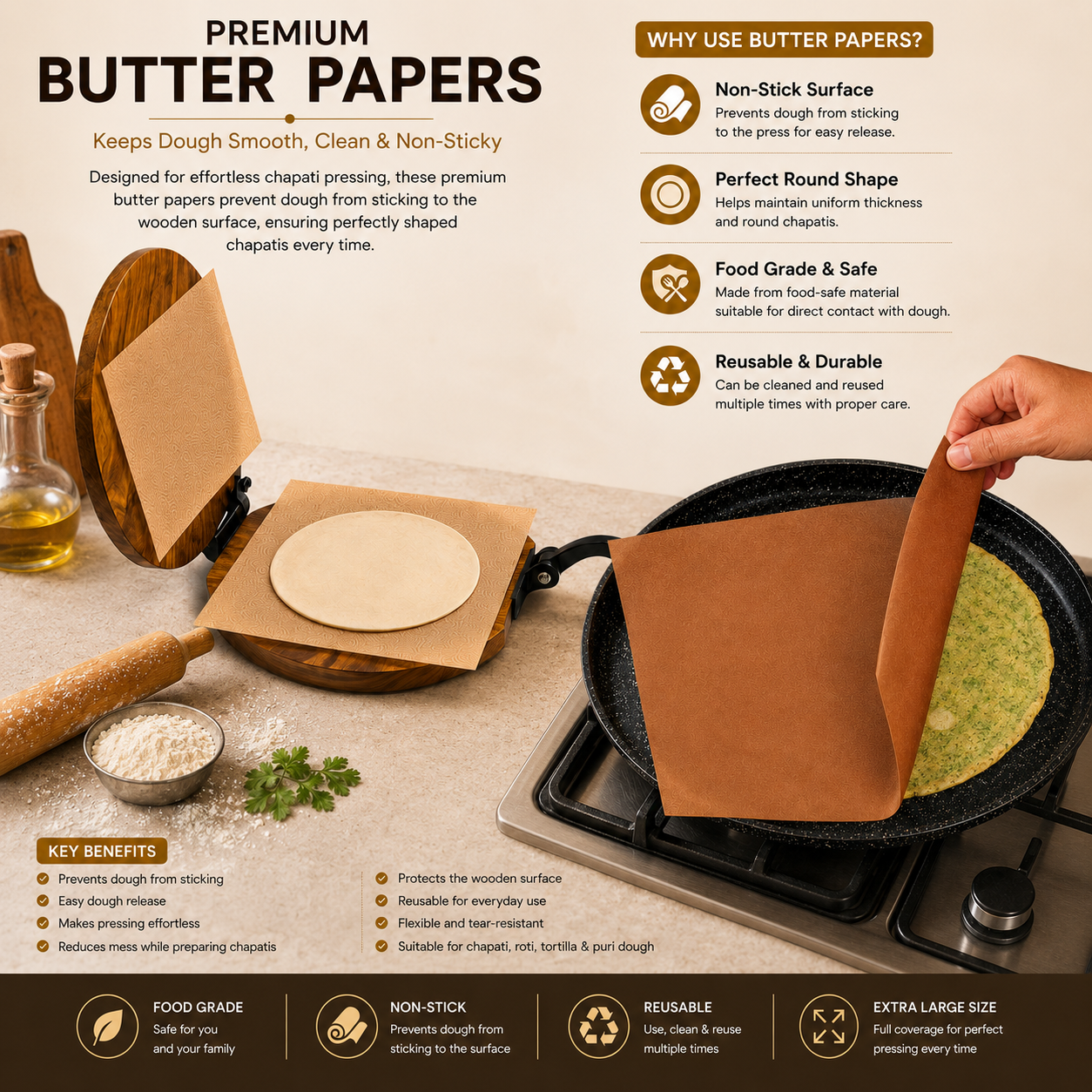 Butter Paper Sheets ([2] Sheets, [30 * 30] cm) – Non-Stick Parchment Paper for Roti Maker |Obbattu | Puran Poli | Food Grade | Grease-Proof | for Baking | Cooking