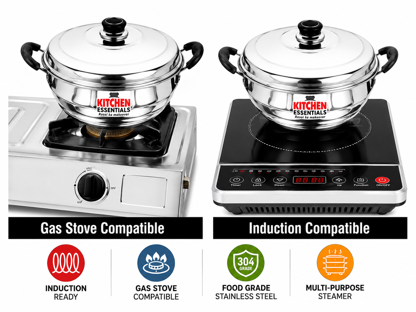 Kitchen Essentials Stainless Steel 3 in 1  Multi Kadai | 6 Plates Set | Idli Maker |  Dhokla Steamer | Momo & Modak Maker |  Induction & Gas Compatible | 304 Grade  Steel | Healthy Cooking