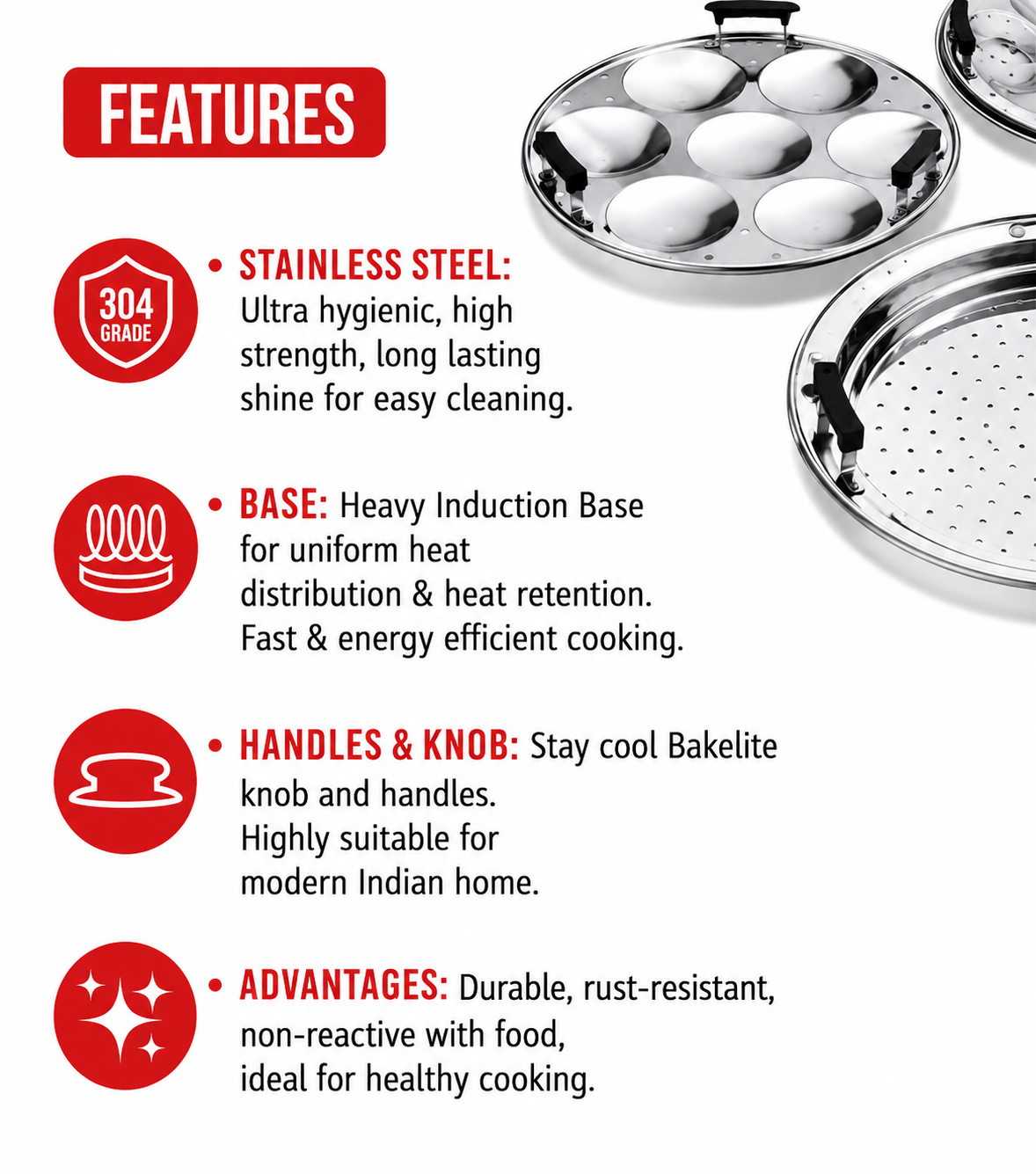 Kitchen Essentials Stainless Steel 3 in 1  Multi Kadai | 6 Plates Set | Idli Maker |  Dhokla Steamer | Momo & Modak Maker |  Induction & Gas Compatible | 304 Grade  Steel | Healthy Cooking