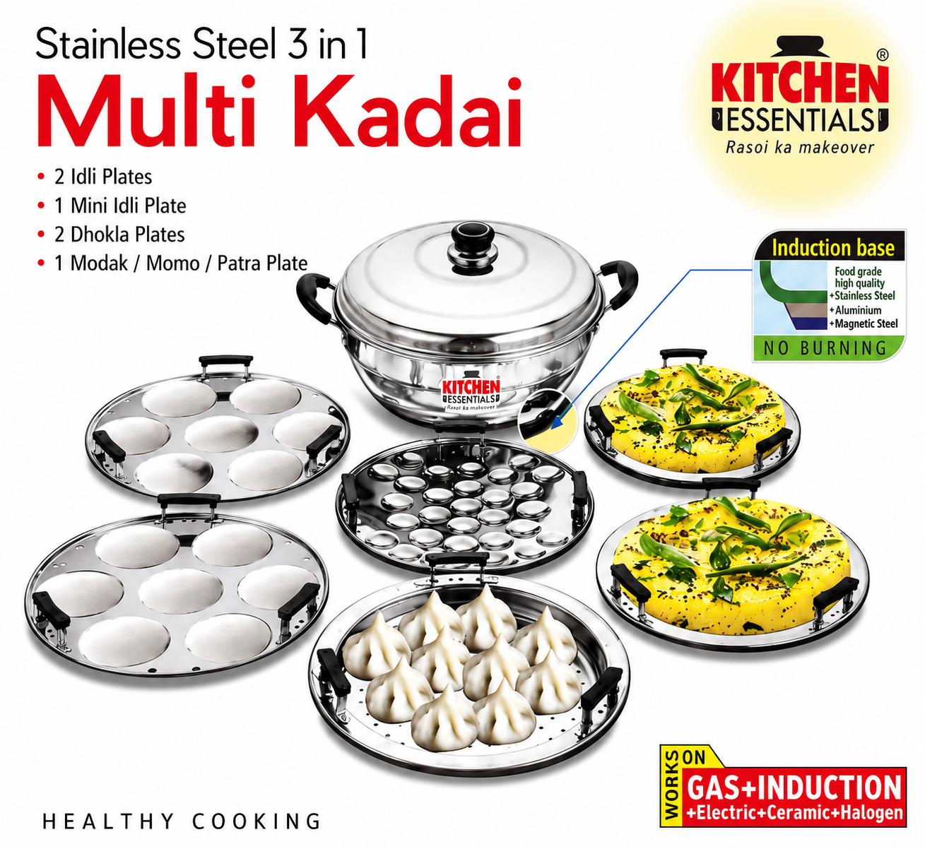 Kitchen Essentials Stainless Steel 3 in 1  Multi Kadai | 6 Plates Set | Idli Maker |  Dhokla Steamer | Momo & Modak Maker |  Induction & Gas Compatible | 304 Grade  Steel | Healthy Cooking