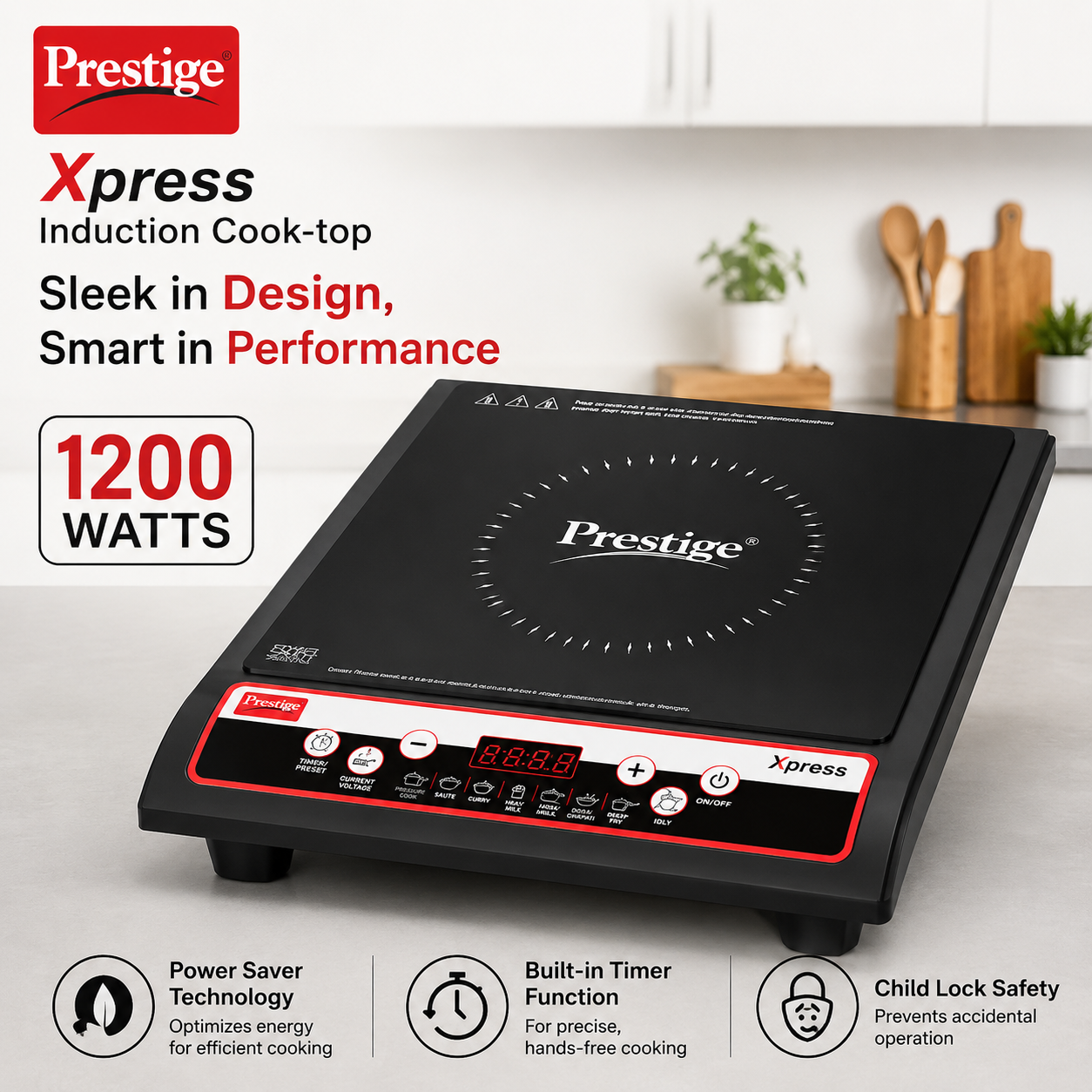 Prestige Xpress 1200W Induction Cooktop |  Preset Indian Menu Options | Automatic  Voltage Regulator | Power Saver Technology |  Anti-Magnetic Wall | Easy Clean Glass Top |  Black