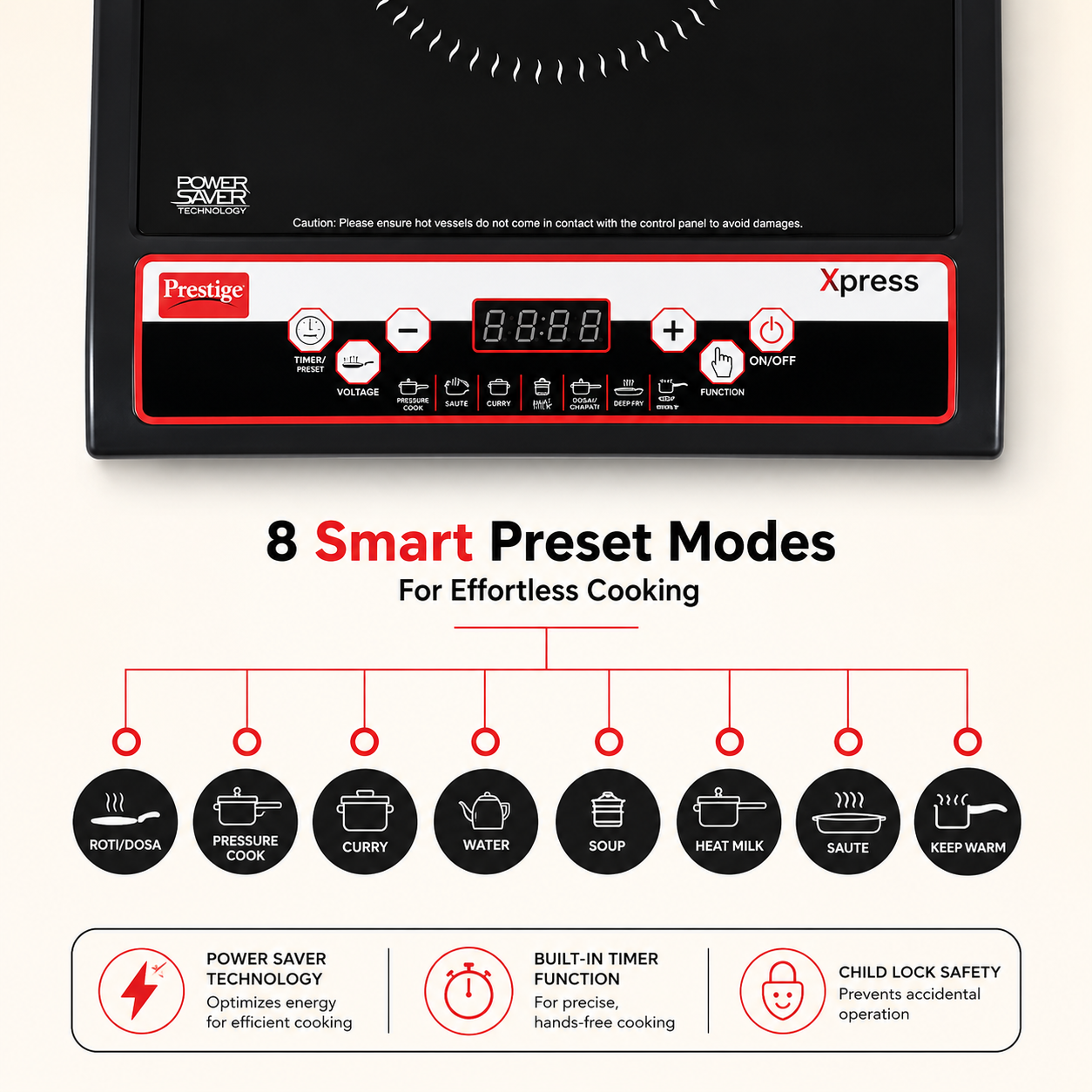 Prestige Xpress 1200W Induction Cooktop |  Preset Indian Menu Options | Automatic  Voltage Regulator | Power Saver Technology |  Anti-Magnetic Wall | Easy Clean Glass Top |  Black