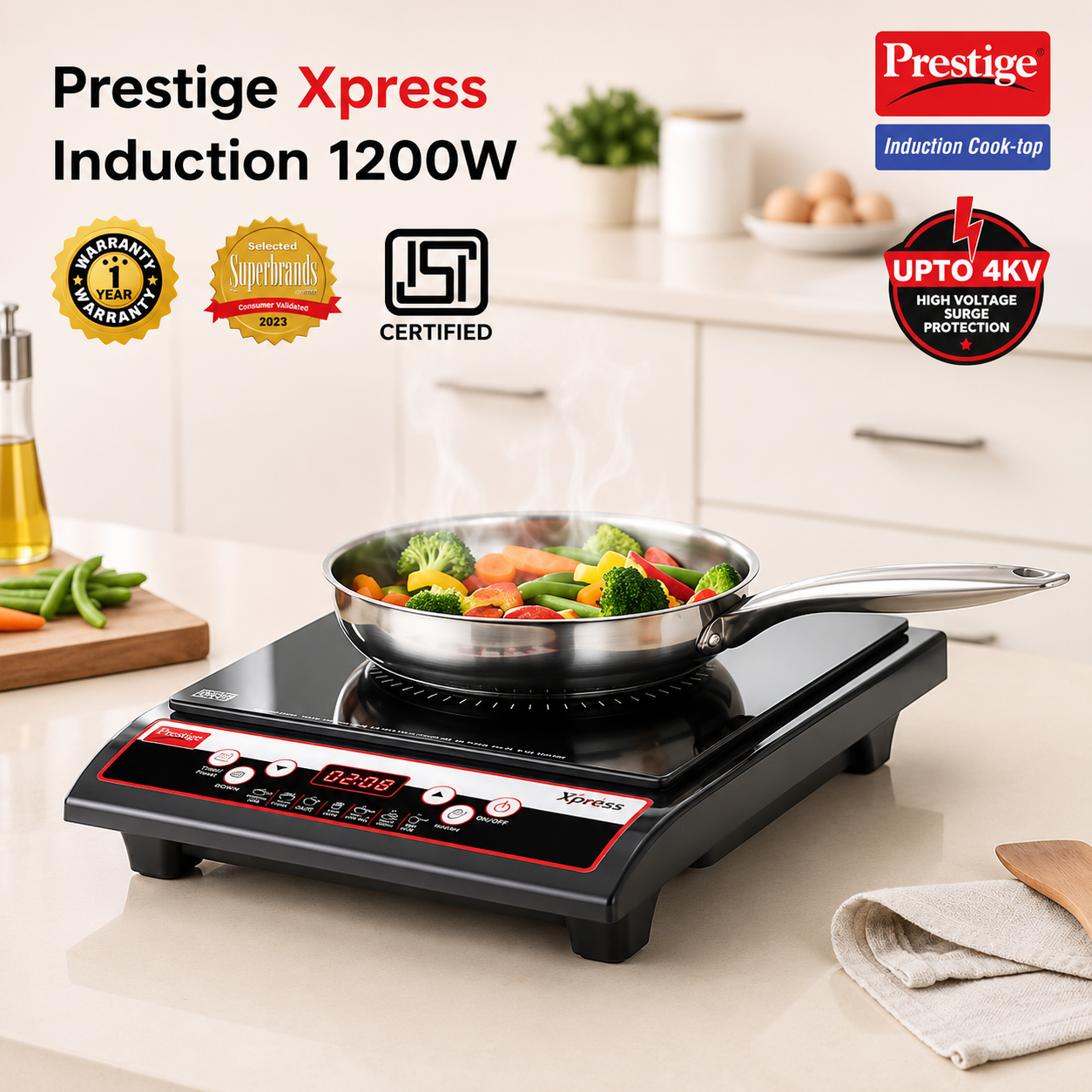 Prestige Xpress 1200W Induction Cooktop |  Preset Indian Menu Options | Automatic  Voltage Regulator | Power Saver Technology |  Anti-Magnetic Wall | Easy Clean Glass Top |  Black