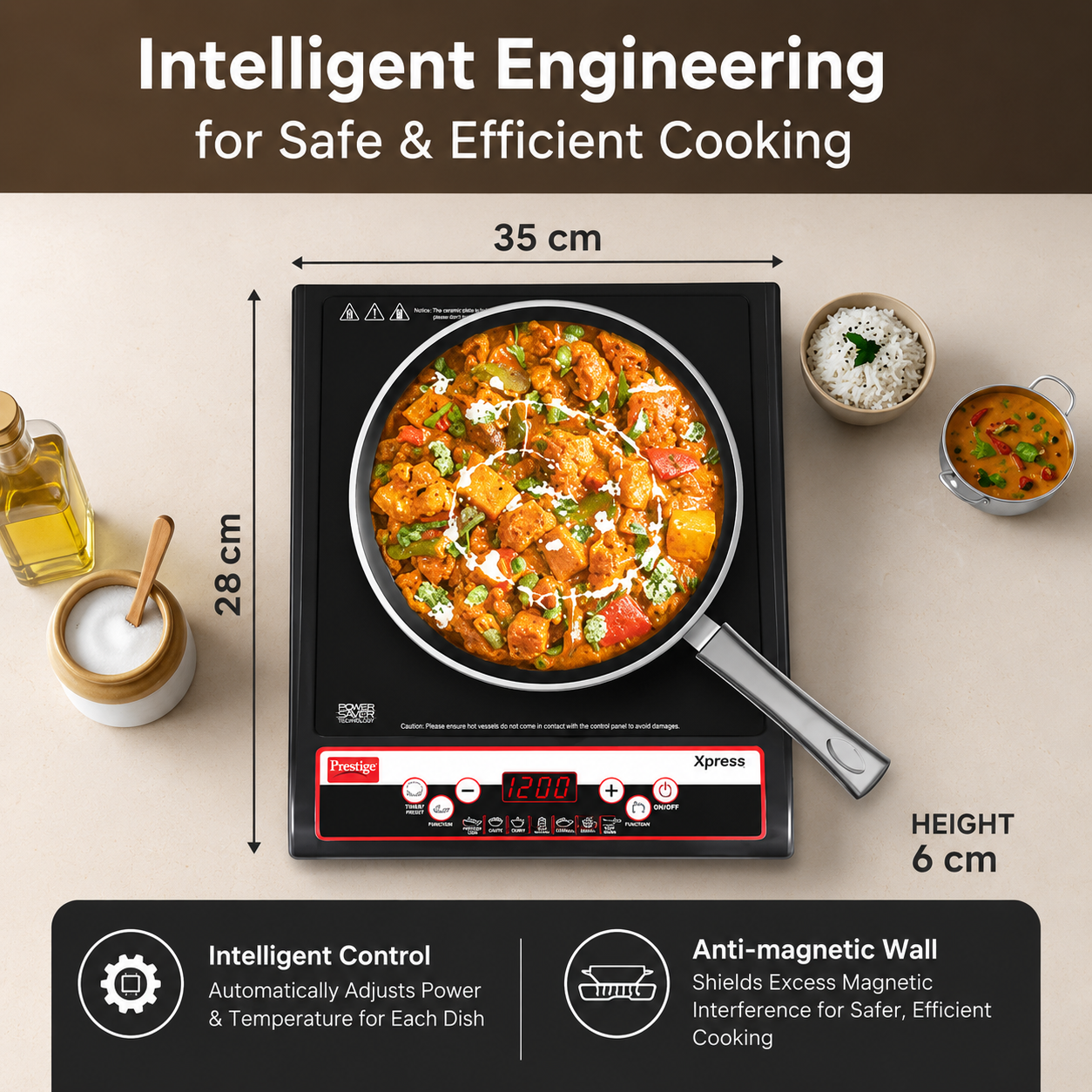 Prestige Xpress 1200W Induction Cooktop |  Preset Indian Menu Options | Automatic  Voltage Regulator | Power Saver Technology |  Anti-Magnetic Wall | Easy Clean Glass Top |  Black