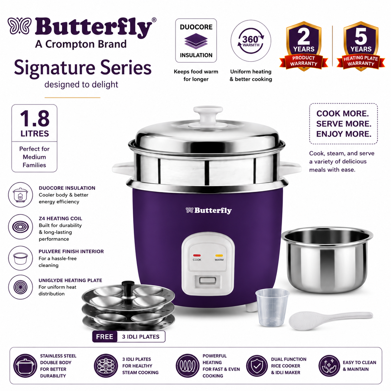 Butterfly Signature Series AVO Electric Rice Cooker 1.8L | SS ERC | Duocore Insulation | Z4 Heating Coil | Free Idli Plates | Keep Warm 3 Hours | deep lavender | 5 years heating plate warranty