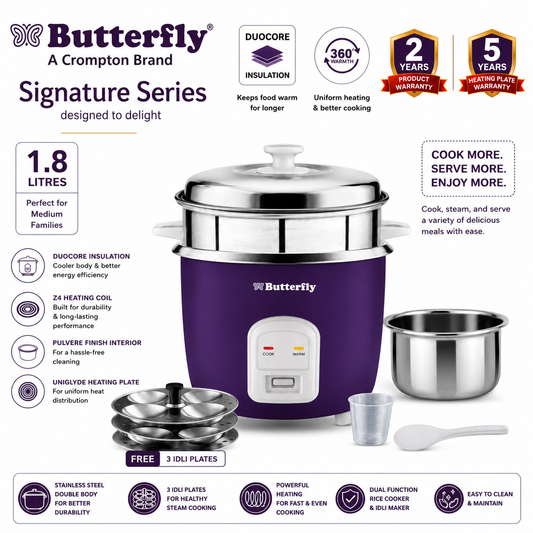 Butterfly Signature Series AVO Electric Rice Cooker 1.8L | SS ERC | Duocore Insulation | Z4 Heating Coil | Free Idli Plates | Keep Warm 3 Hours | deep lavender | 5 years heating plate warranty