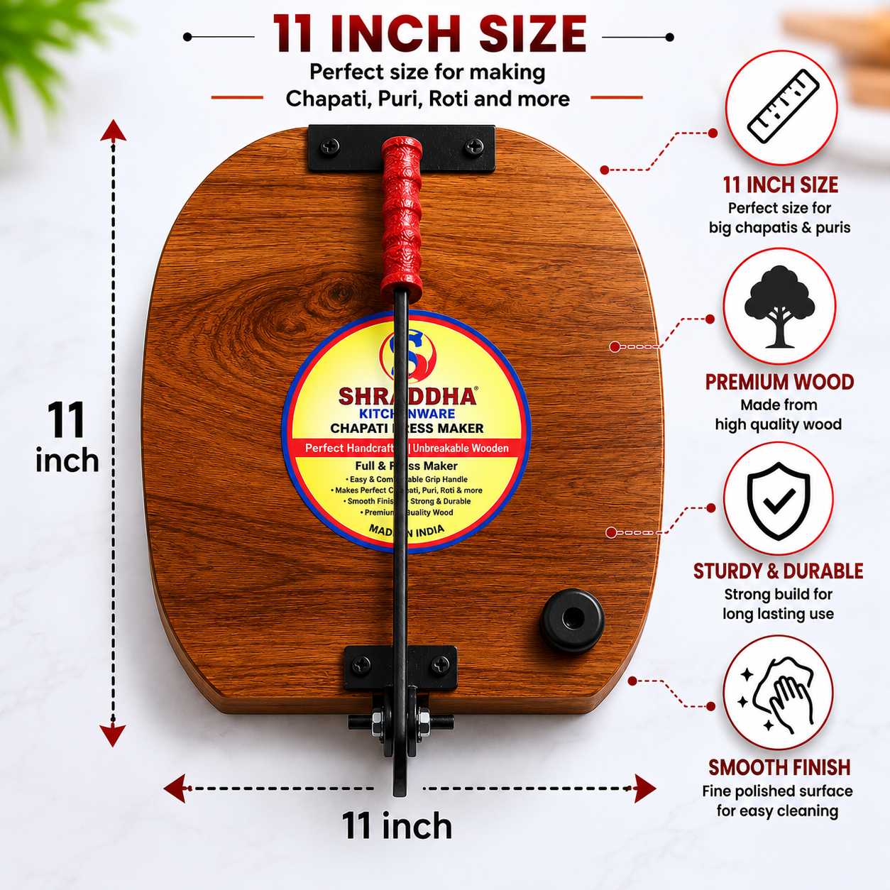 Shraddha Chapati Press 11 Inch – Premium Wood | Makes Uniform Round Chapati, Roti, Puri, Paratha & Papad | Ergonomic Grip Handle | Easy to Use
