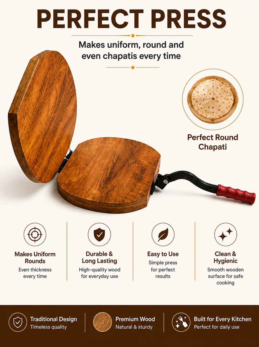 Shraddha Chapati Press 11 Inch – Premium Wood | Makes Uniform Round Chapati, Roti, Puri, Paratha & Papad | Ergonomic Grip Handle | Easy to Use
