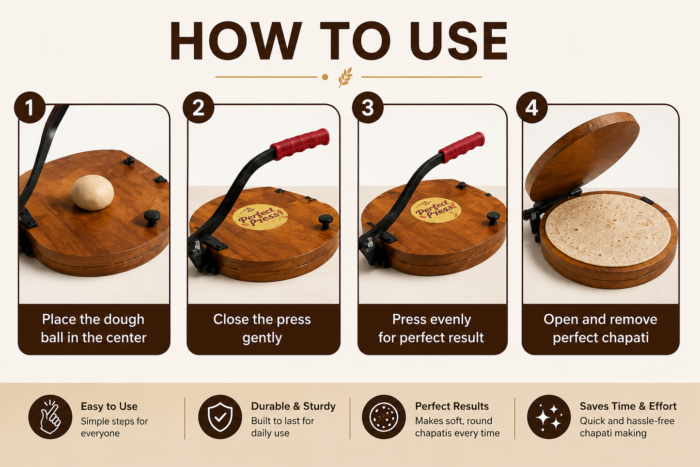 Shraddha Chapati Press 11 Inch – Premium Wood | Makes Uniform Round Chapati, Roti, Puri, Paratha & Papad | Ergonomic Grip Handle | Easy to Use