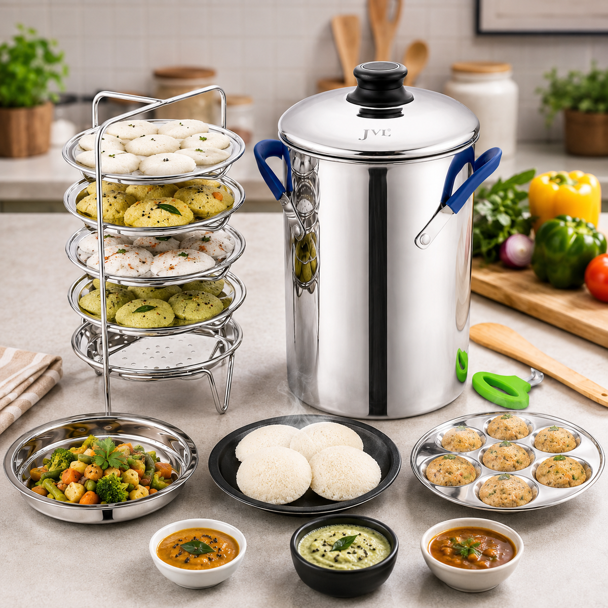 JVL Stainless Steel Thatte Idly Maker with Triply Base | Idli & Mini Idli Steamer | Induction Compatible | Stainless Steel Idly Cooker with Lifter