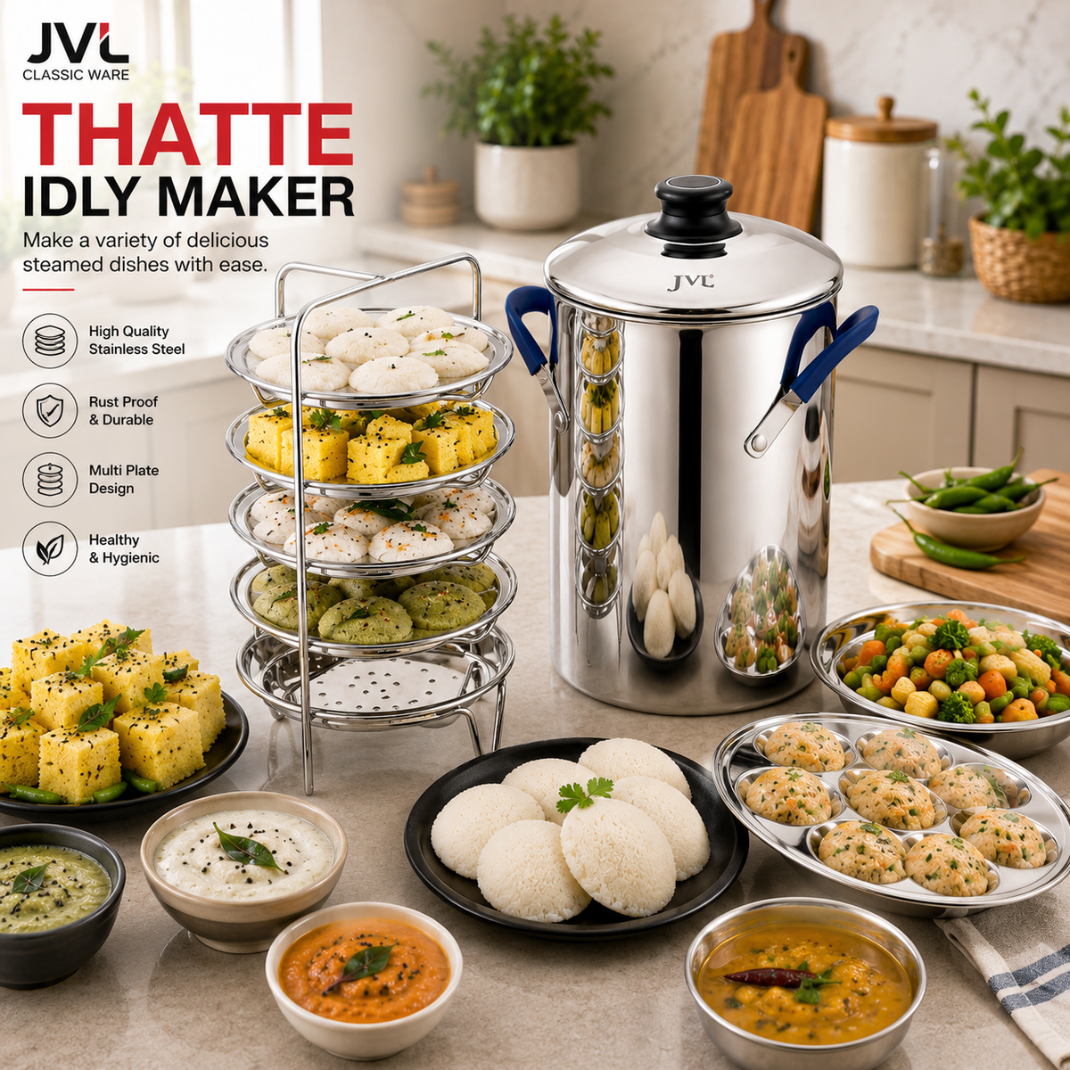 JVL Stainless Steel Thatte Idly Maker with Triply Base | Idli & Mini Idli Steamer | Induction Compatible | Stainless Steel Idly Cooker with Lifter