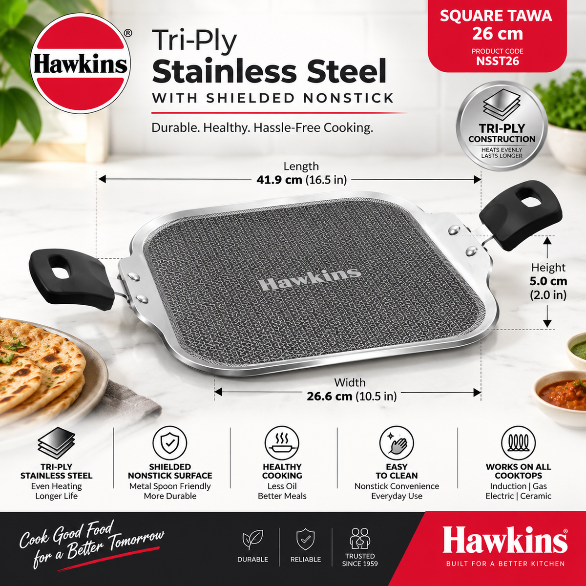 Hawkins Triply Shielded Nonstick Square Tava 26cm | Induction & Gas Compatible | Metal Spatula Safe