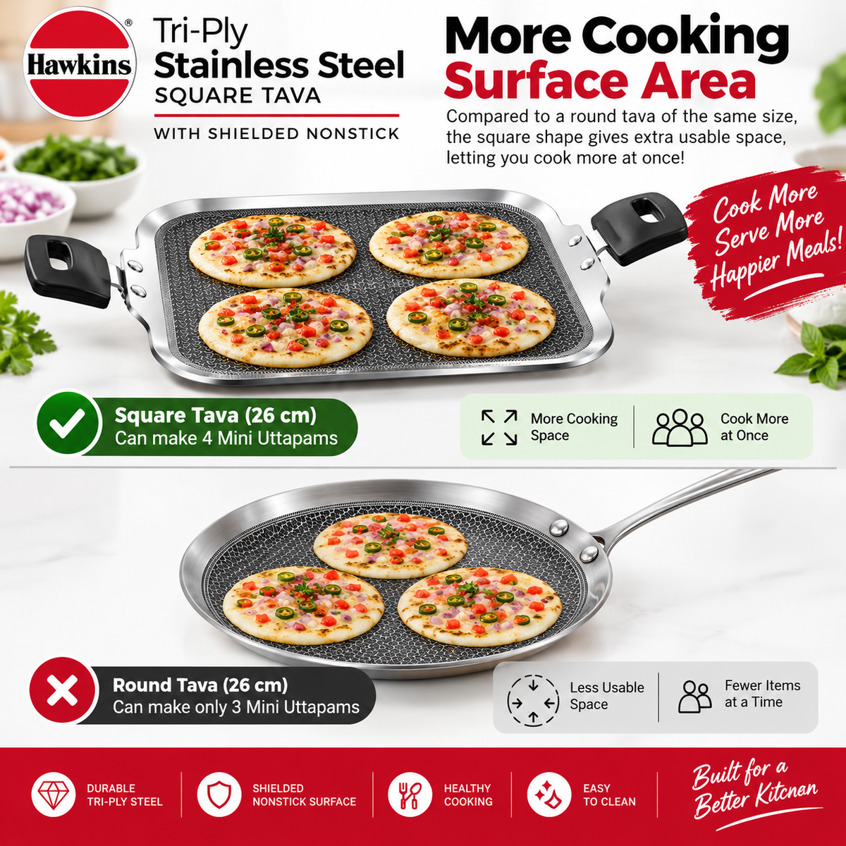 Hawkins Triply Shielded Nonstick Square Tava 26cm | Induction & Gas Compatible | Metal Spatula Safe