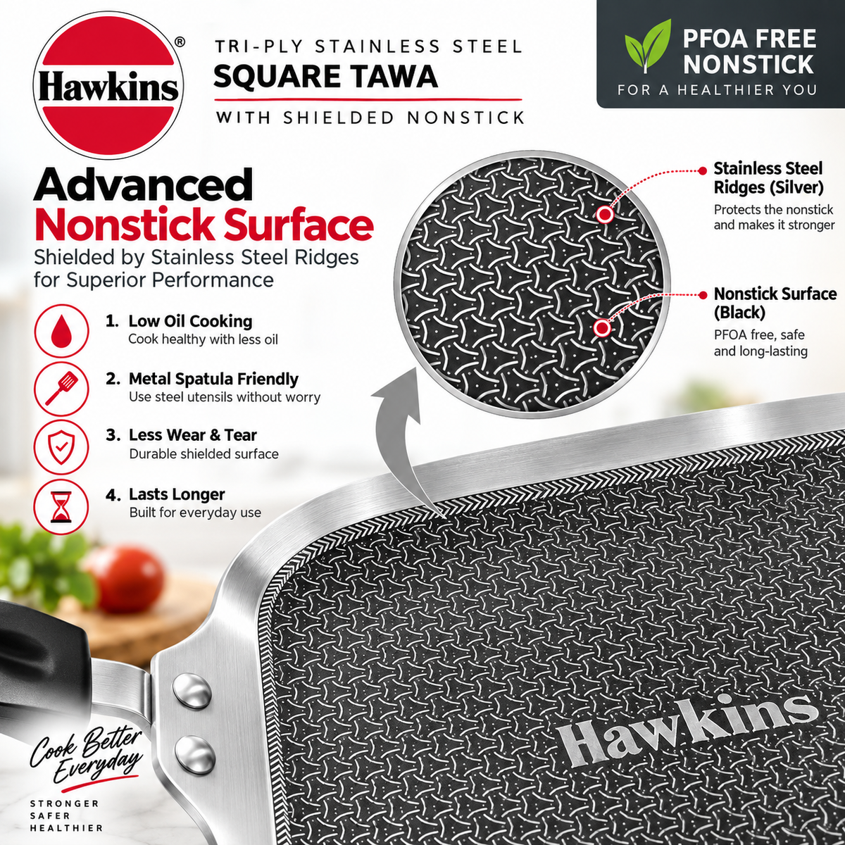 Hawkins Triply Shielded Nonstick Square Tava 26cm | Induction & Gas Compatible | Metal Spatula Safe