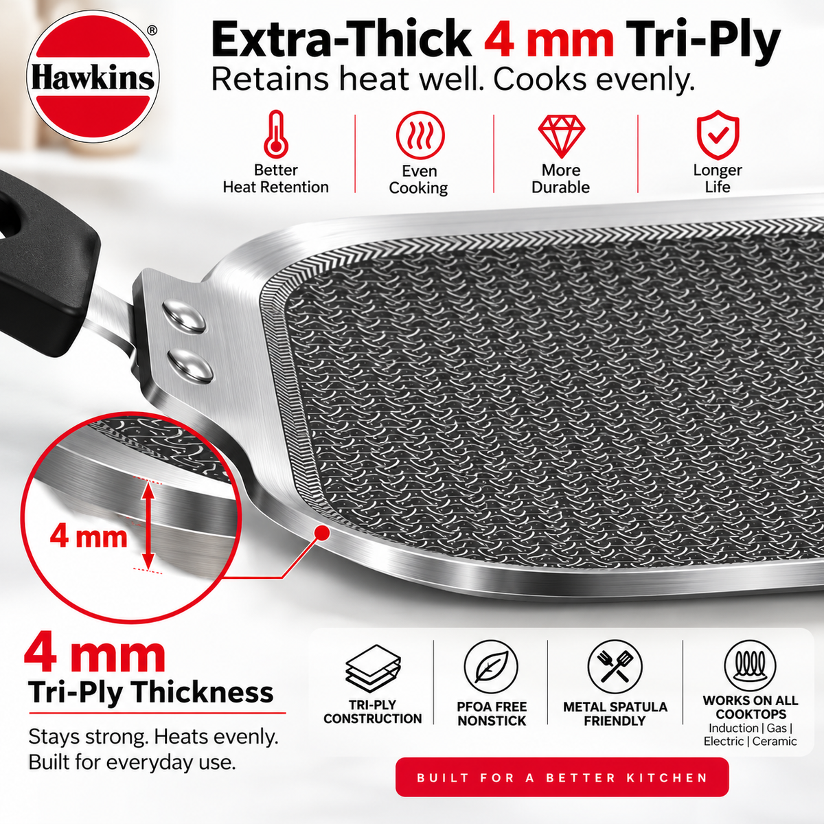 Hawkins Triply Shielded Nonstick Square Tava 26cm | Induction & Gas Compatible | Metal Spatula Safe