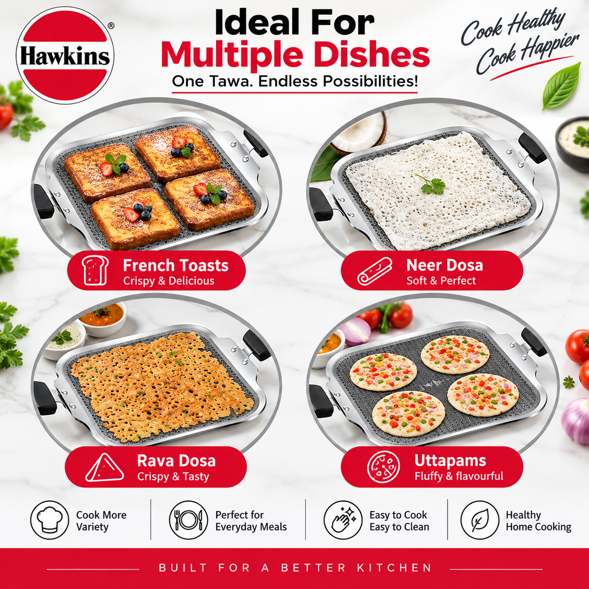 Hawkins Triply Shielded Nonstick Square Tava 26cm | Induction & Gas Compatible | Metal Spatula Safe
