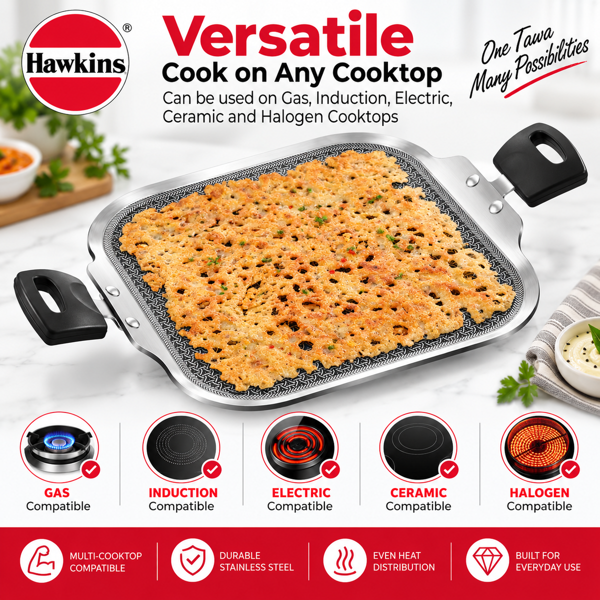 Hawkins Triply Shielded Nonstick Square Tava 26cm | Induction & Gas Compatible | Metal Spatula Safe