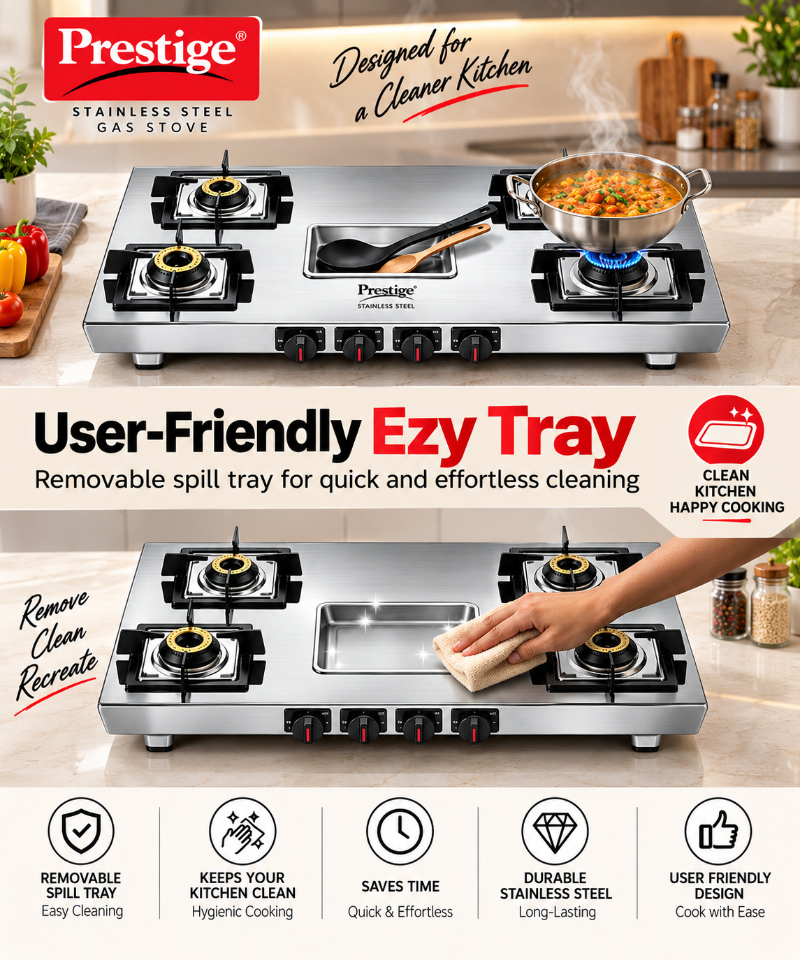 Prestige Stellora Stainless Steel L.P. Gas Stove (With Stainless Steel Body and 4 Unit Brass Burners)