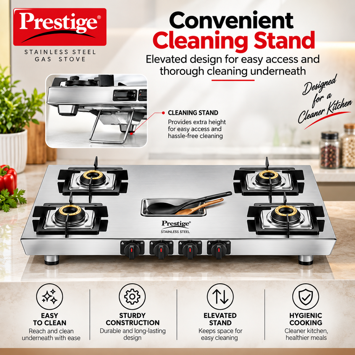 Prestige Stellora Stainless Steel L.P. Gas Stove (With Stainless Steel Body and 4 Unit Brass Burners)