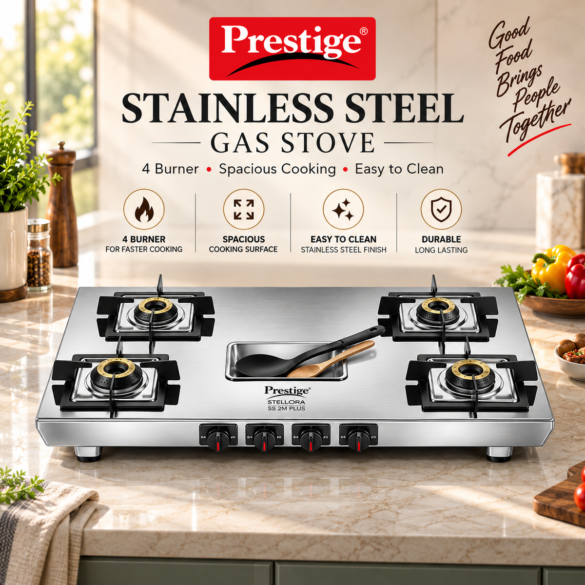 Prestige Stellora Stainless Steel L.P. Gas Stove (With Stainless Steel Body and 4 Unit Brass Burners)