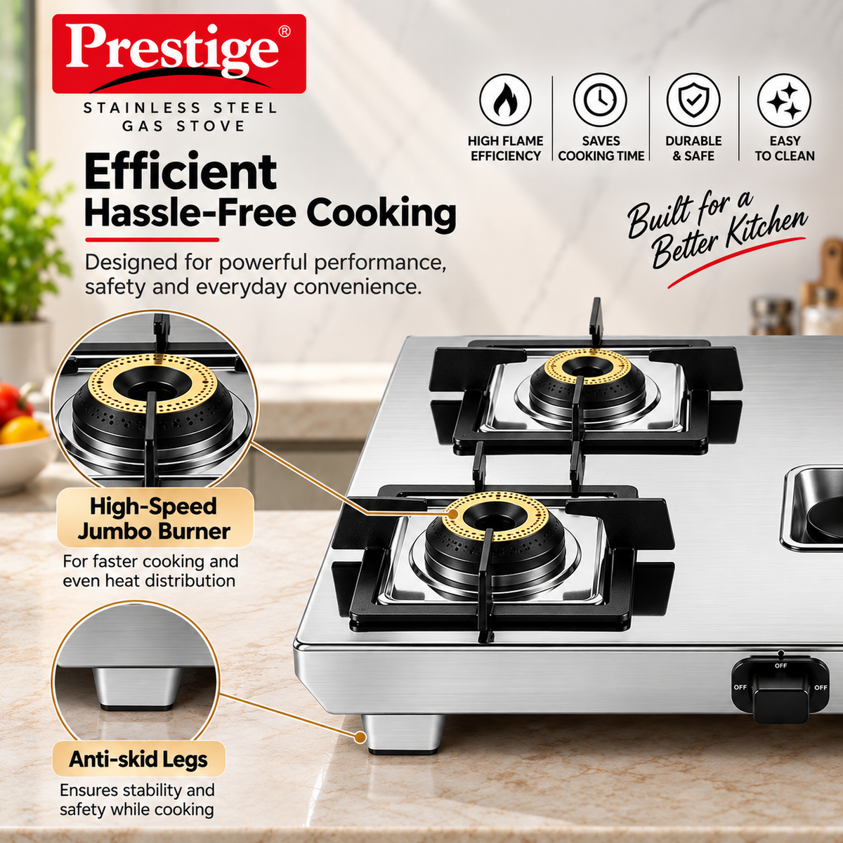 Prestige Stellora Stainless Steel L.P. Gas Stove (With Stainless Steel Body and 4 Unit Brass Burners)