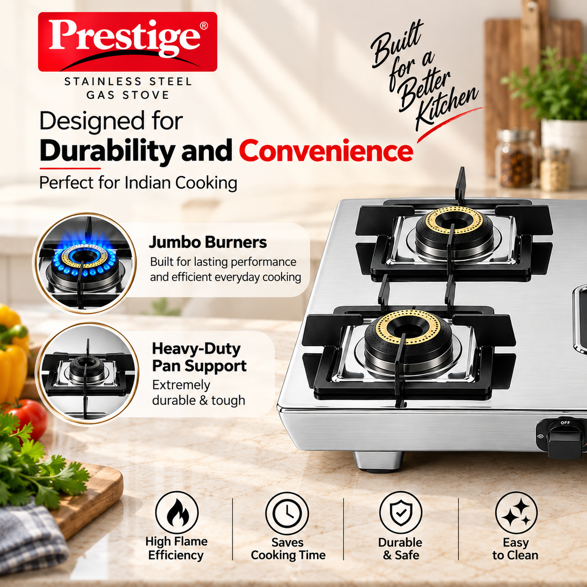 Prestige Stellora Stainless Steel L.P. Gas Stove (With Stainless Steel Body and 4 Unit Brass Burners)