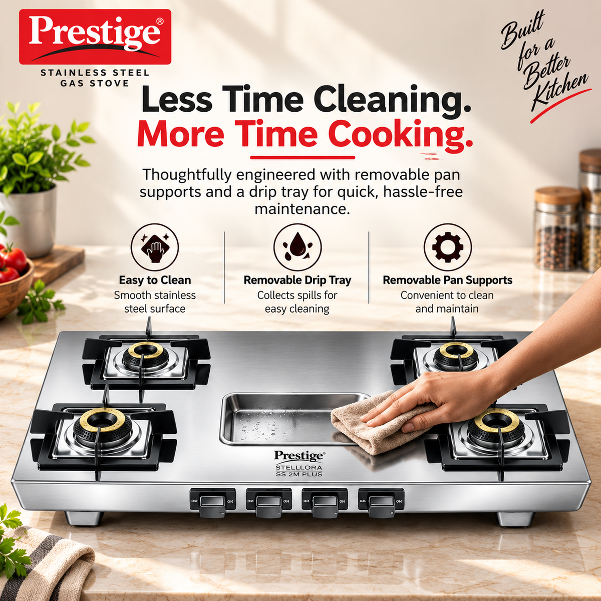 Prestige Stellora Stainless Steel L.P. Gas Stove (With Stainless Steel Body and 4 Unit Brass Burners)