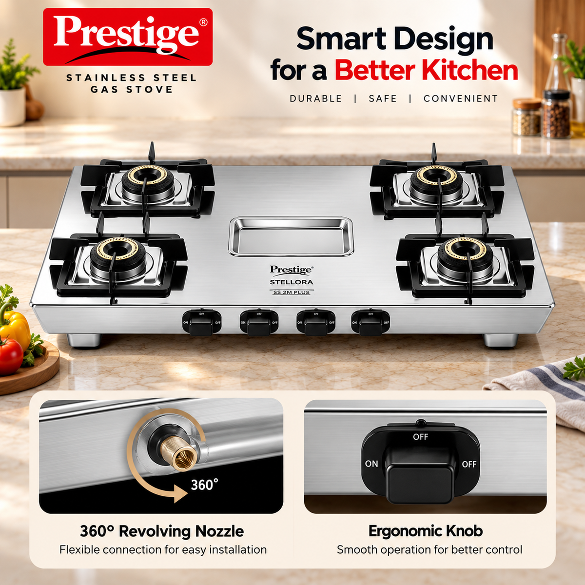 Prestige Stellora Stainless Steel L.P. Gas Stove (With Stainless Steel Body and 4 Unit Brass Burners)