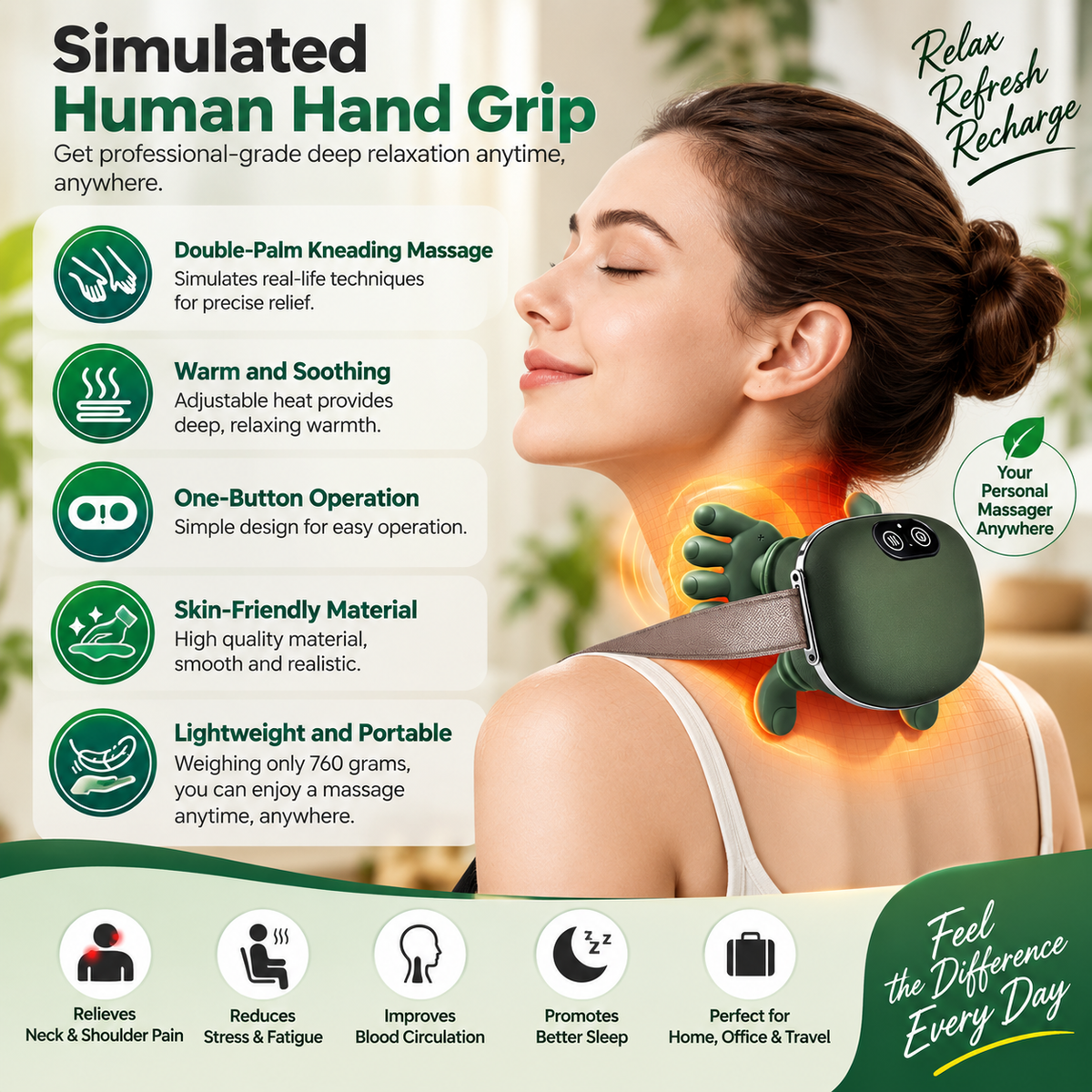 Heated Neck & Shoulder Massager for Pain Relief, Electric Body Massage Machine with Deep Kneading, Scalp & Head Massager, Portable Back, Shoulder & Neck Massage
