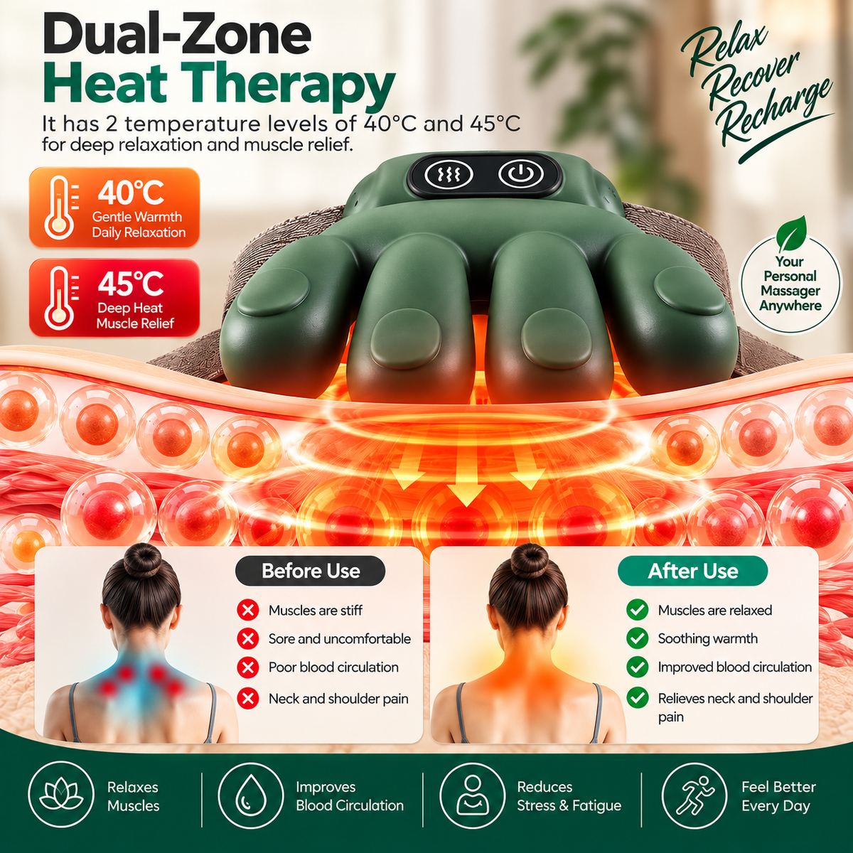 Heated Neck & Shoulder Massager for Pain Relief, Electric Body Massage Machine with Deep Kneading, Scalp & Head Massager, Portable Back, Shoulder & Neck Massage