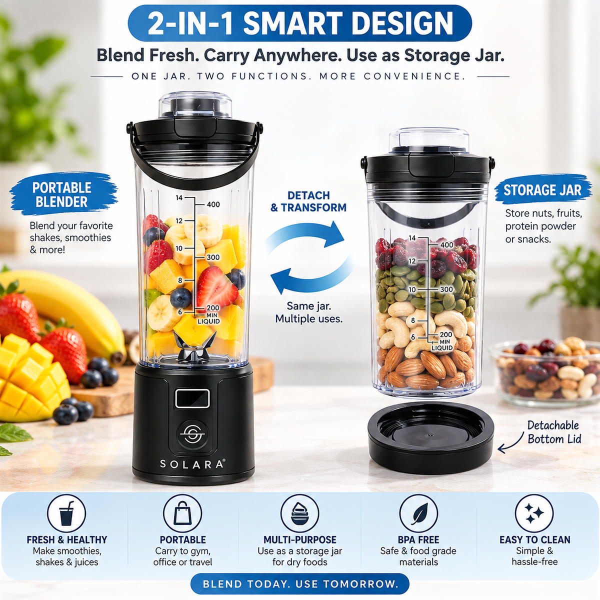 SOLARA Blendkwik Pro Portable Blender – 450ml, USB Rechargeable, 180W