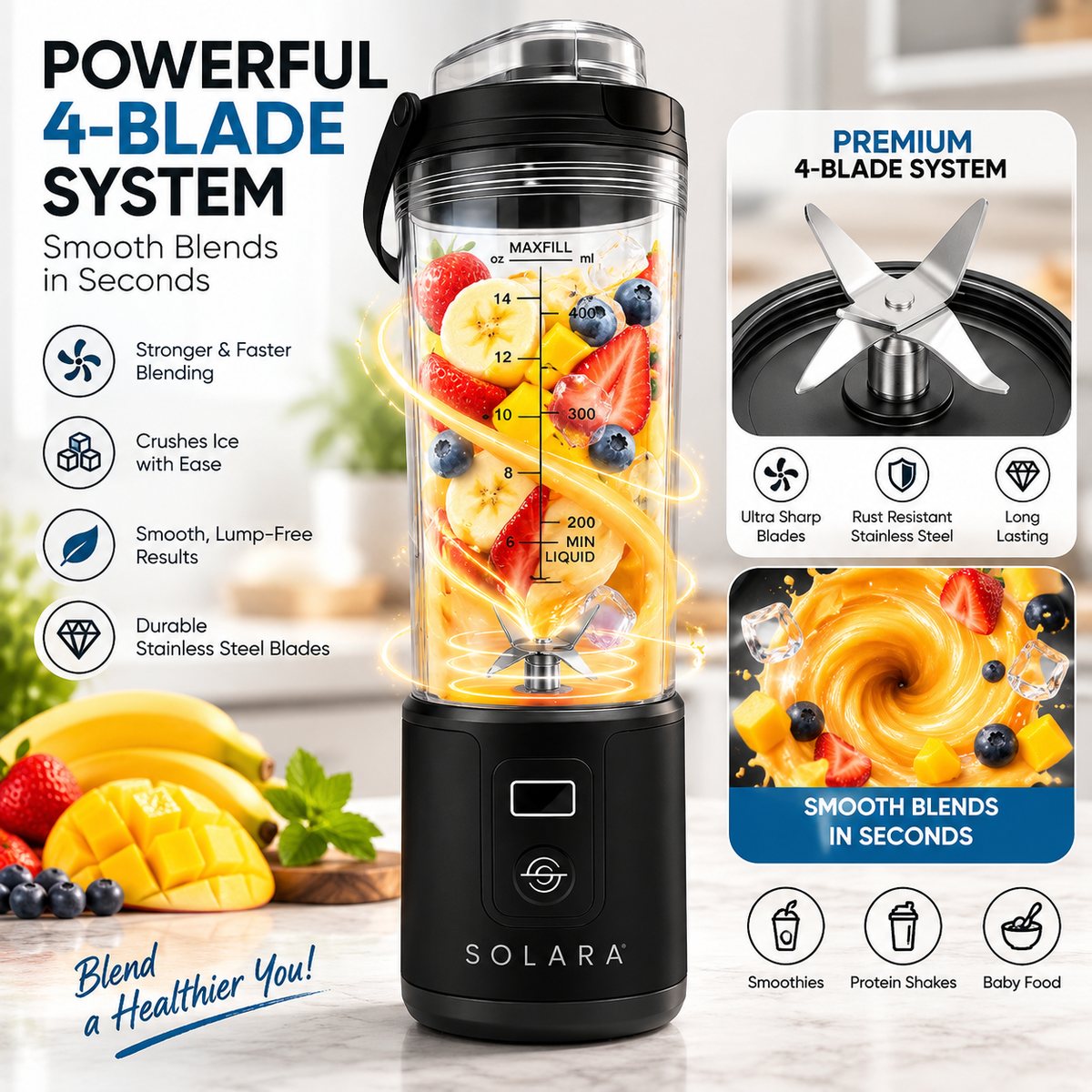 SOLARA Blendkwik Pro Portable Blender – 450ml, USB Rechargeable, 180W