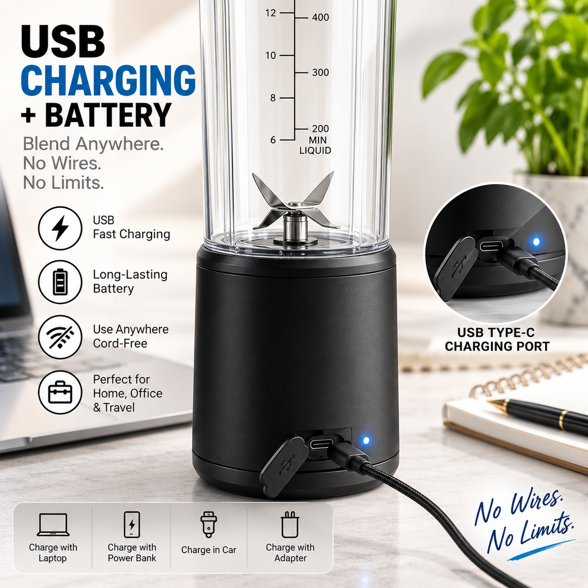 SOLARA Blendkwik Pro Portable Blender – 450ml, USB Rechargeable, 180W