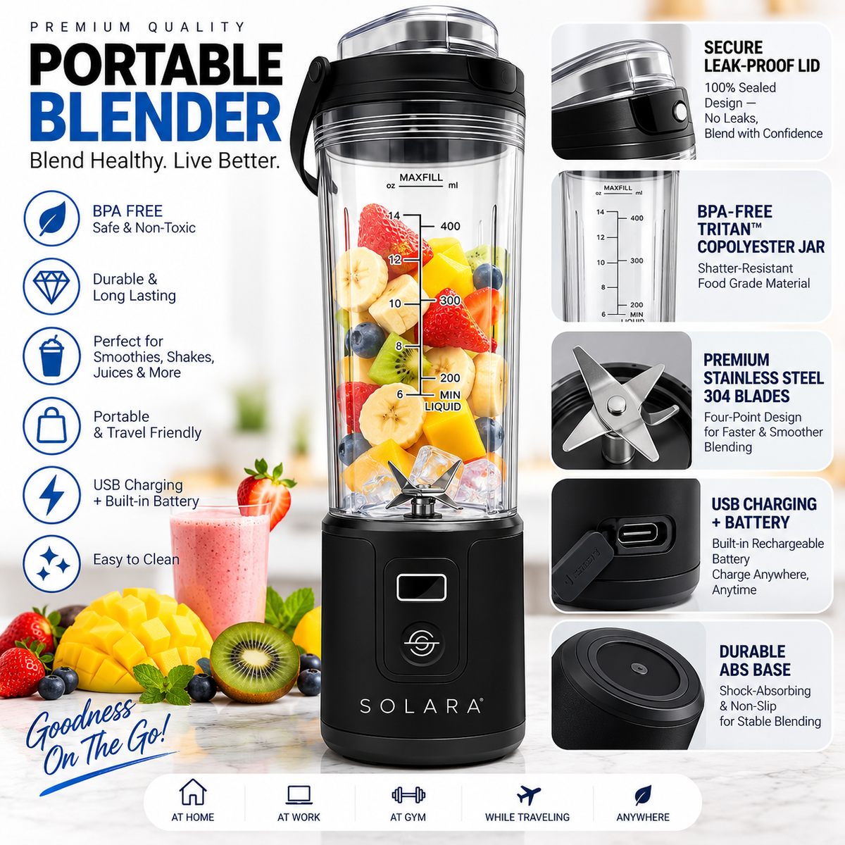 SOLARA Blendkwik Pro Portable Blender – 450ml, USB Rechargeable, 180W