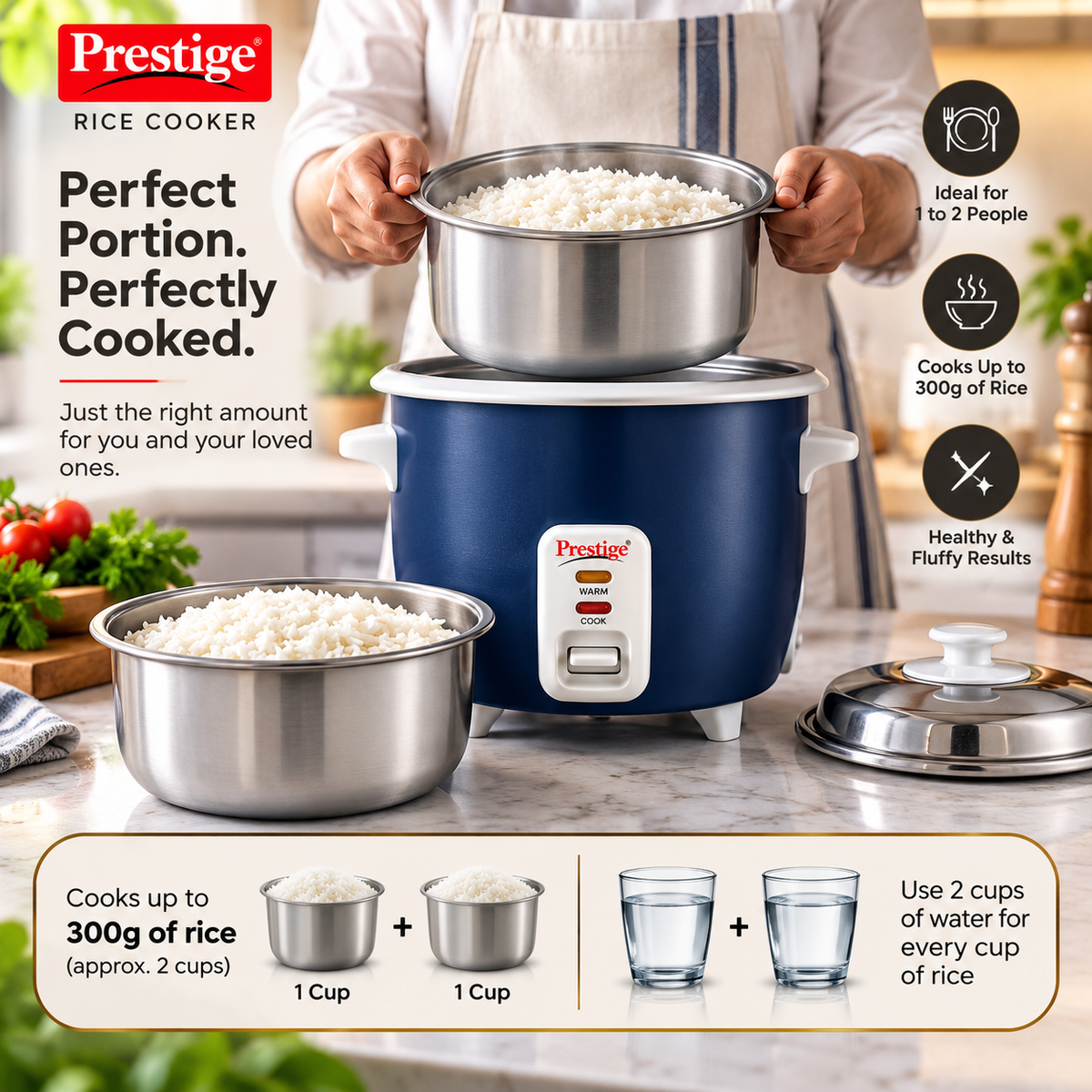 Prestige Cute 0.6-2 SS 300W Electric Rice Cooker with 2 Stainless Steel Cooking Pans, Automatic Keep Warm & Detachable Power Cord – Dark Blue