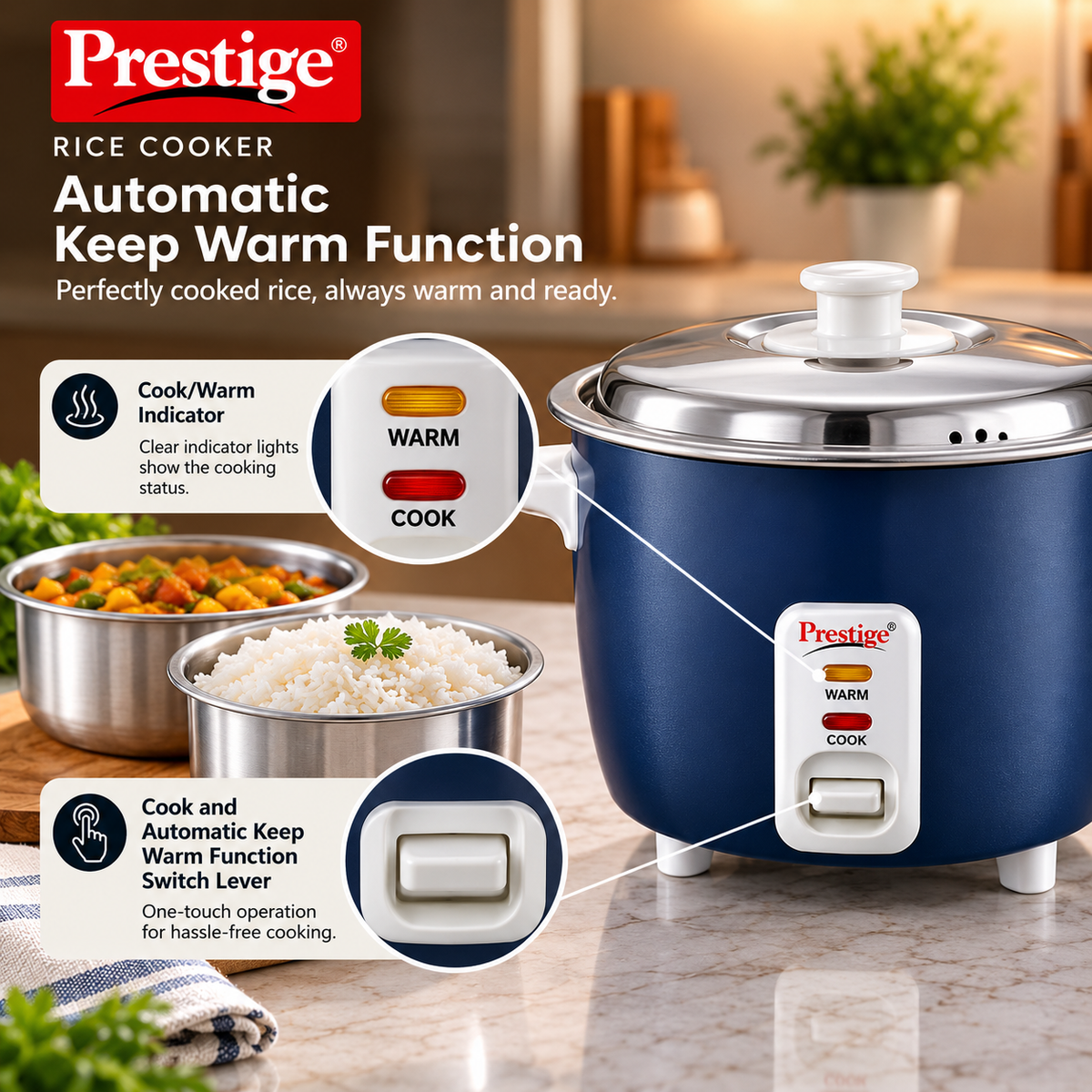 Prestige Cute 0.6-2 SS 300W Electric Rice Cooker with 2 Stainless Steel Cooking Pans, Automatic Keep Warm & Detachable Power Cord – Dark Blue