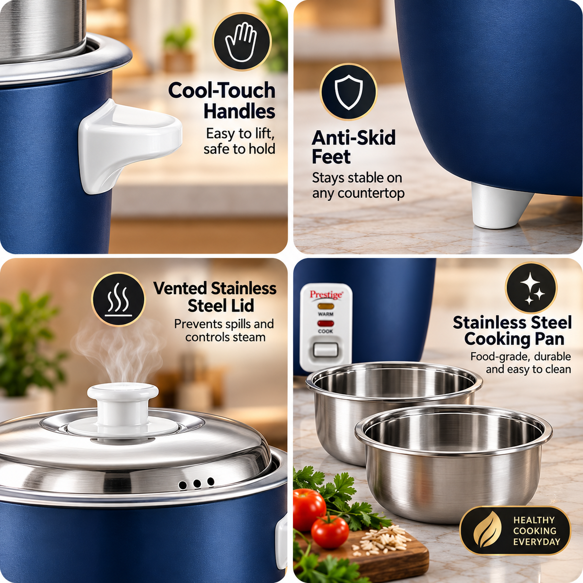 Prestige Cute 0.6-2 SS 300W Electric Rice Cooker with 2 Stainless Steel Cooking Pans, Automatic Keep Warm & Detachable Power Cord – Dark Blue