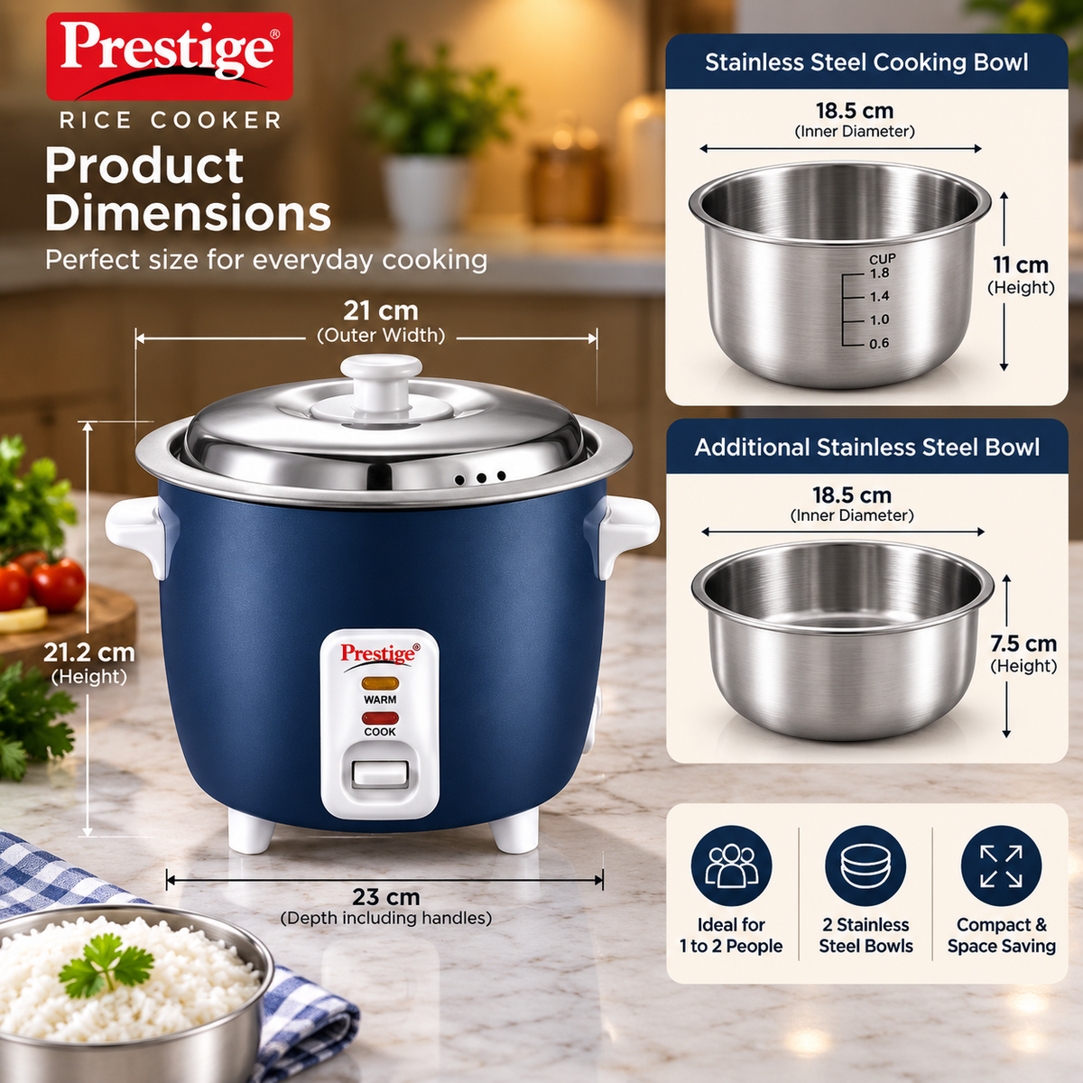 Prestige Cute 0.6-2 SS 300W Electric Rice Cooker with 2 Stainless Steel Cooking Pans, Automatic Keep Warm & Detachable Power Cord – Dark Blue