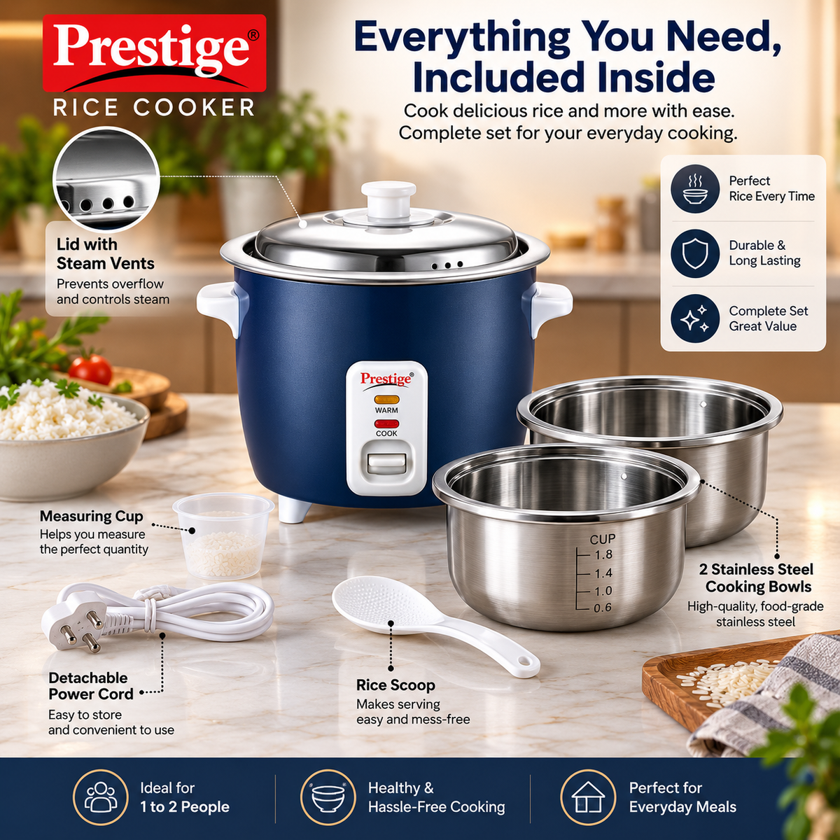 Prestige Cute 0.6-2 SS 300W Electric Rice Cooker with 2 Stainless Steel Cooking Pans, Automatic Keep Warm & Detachable Power Cord – Dark Blue