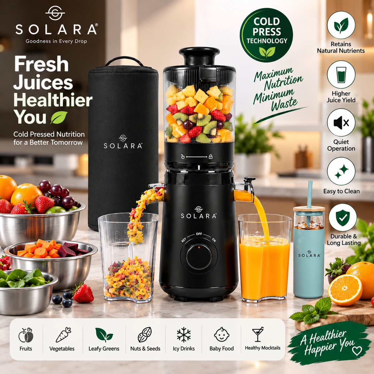 SOLARA Cold Press Juicer | 150W Slow Masticating Juicer | 52 RPM | Mesh-Free Filter | Easy Clean | Quiet Operation