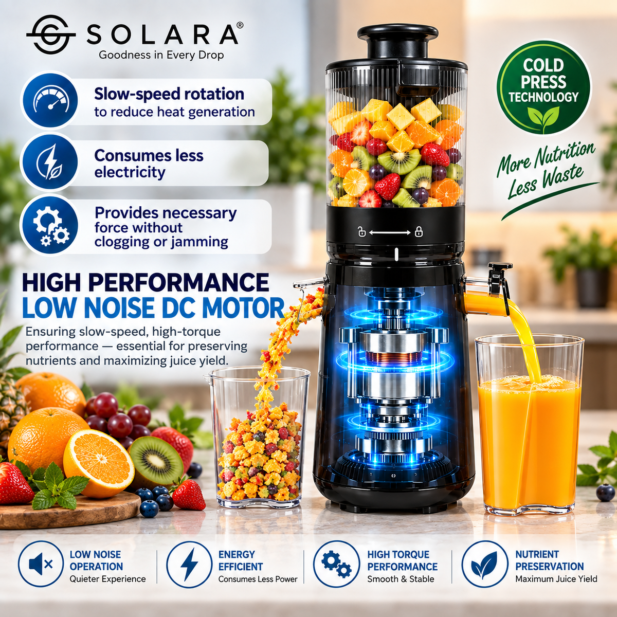 SOLARA Cold Press Juicer | 150W Slow Masticating Juicer | 52 RPM | Mesh-Free Filter | Easy Clean | Quiet Operation