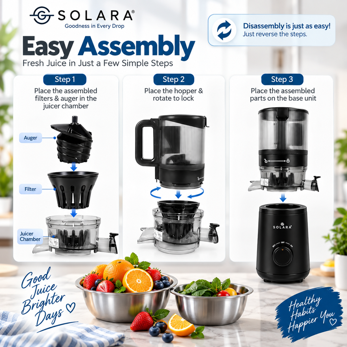 SOLARA Cold Press Juicer | 150W Slow Masticating Juicer | 52 RPM | Mesh-Free Filter | Easy Clean | Quiet Operation