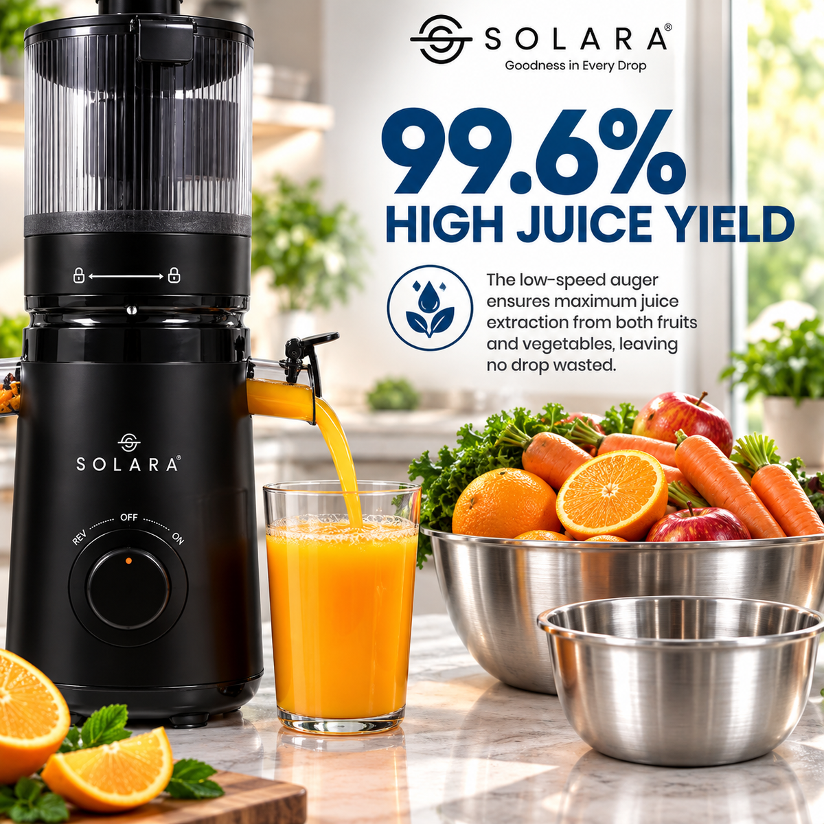 SOLARA Cold Press Juicer | 150W Slow Masticating Juicer | 52 RPM | Mesh-Free Filter | Easy Clean | Quiet Operation