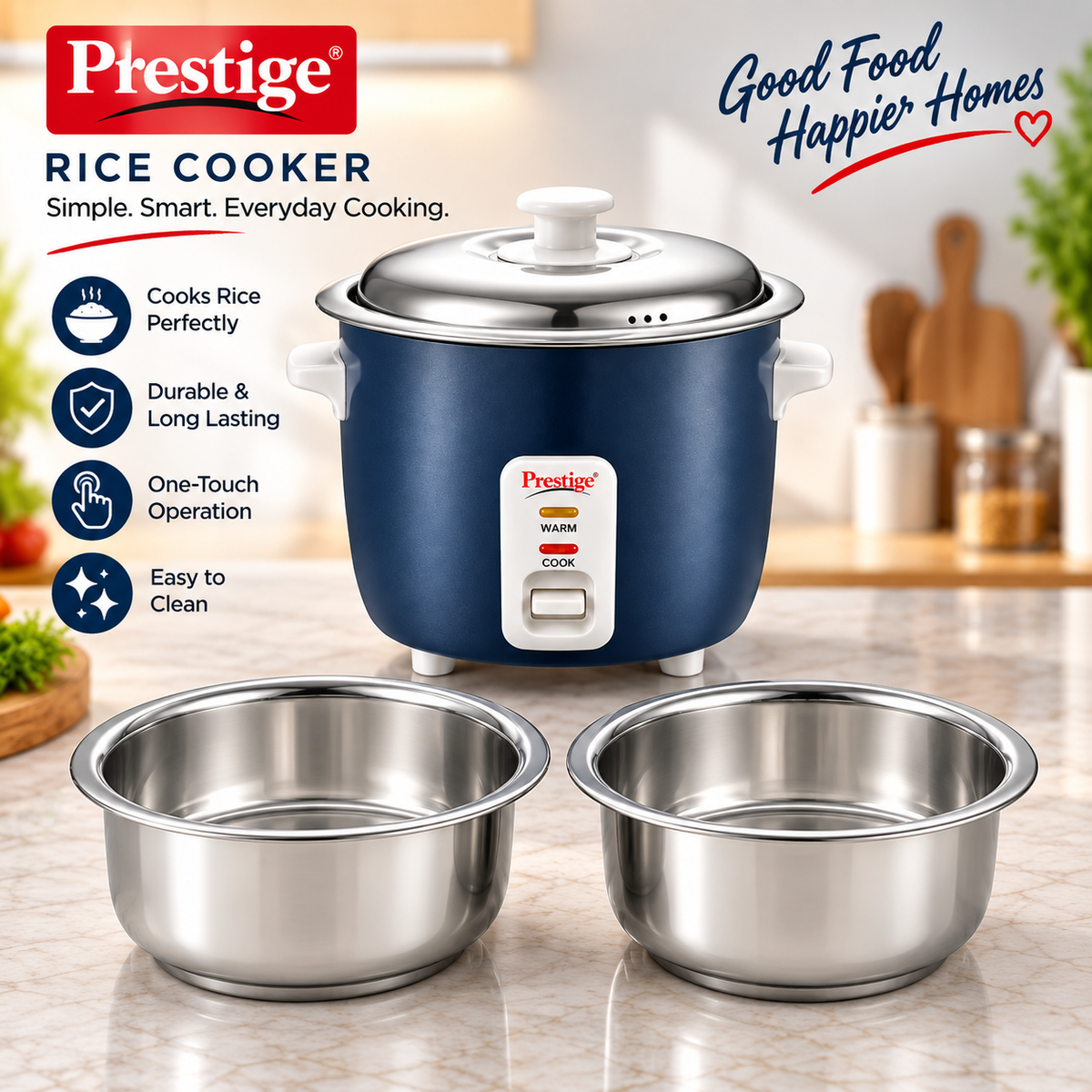Prestige Cute 0.6-2 SS 300W Electric Rice Cooker with 2 Stainless Steel Cooking Pans, Automatic Keep Warm & Detachable Power Cord – Dark Blue