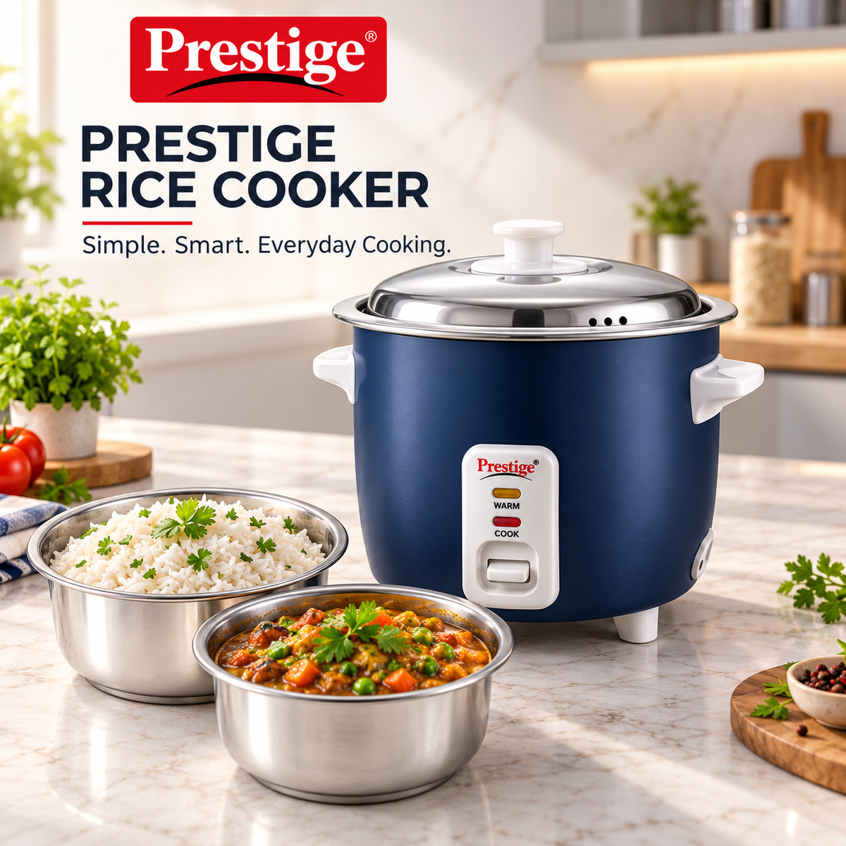 Prestige Cute 0.6-2 SS 300W Electric Rice Cooker with 2 Stainless Steel Cooking Pans, Automatic Keep Warm & Detachable Power Cord – Dark Blue