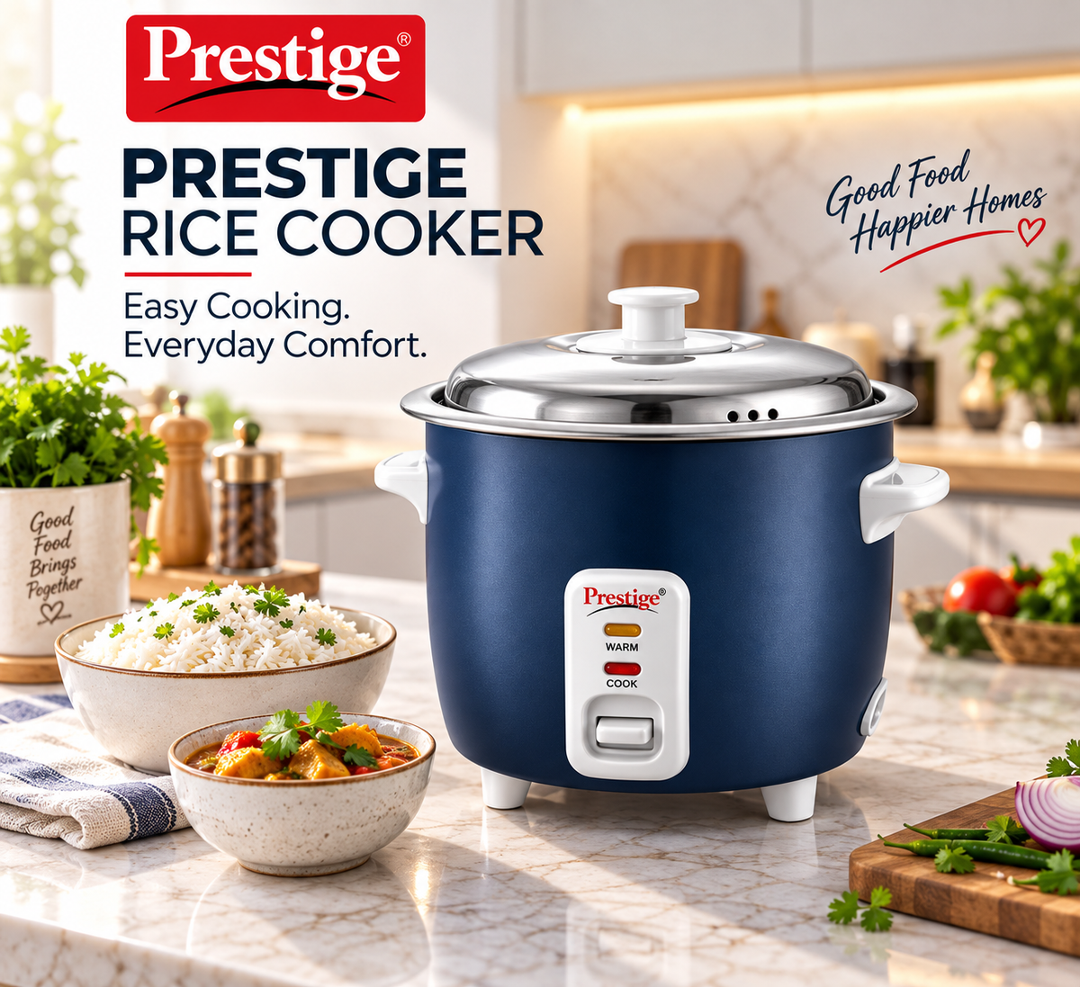 Prestige Cute 0.6-2 SS 300W Electric Rice Cooker with 2 Stainless Steel Cooking Pans, Automatic Keep Warm & Detachable Power Cord – Dark Blue