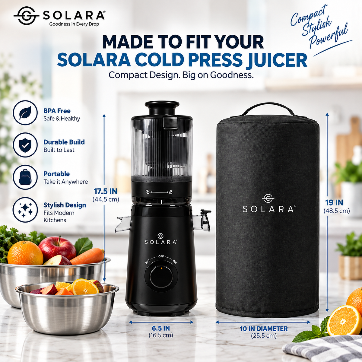 SOLARA Cold Press Juicer | 150W Slow Masticating Juicer | 52 RPM | Mesh-Free Filter | Easy Clean | Quiet Operation